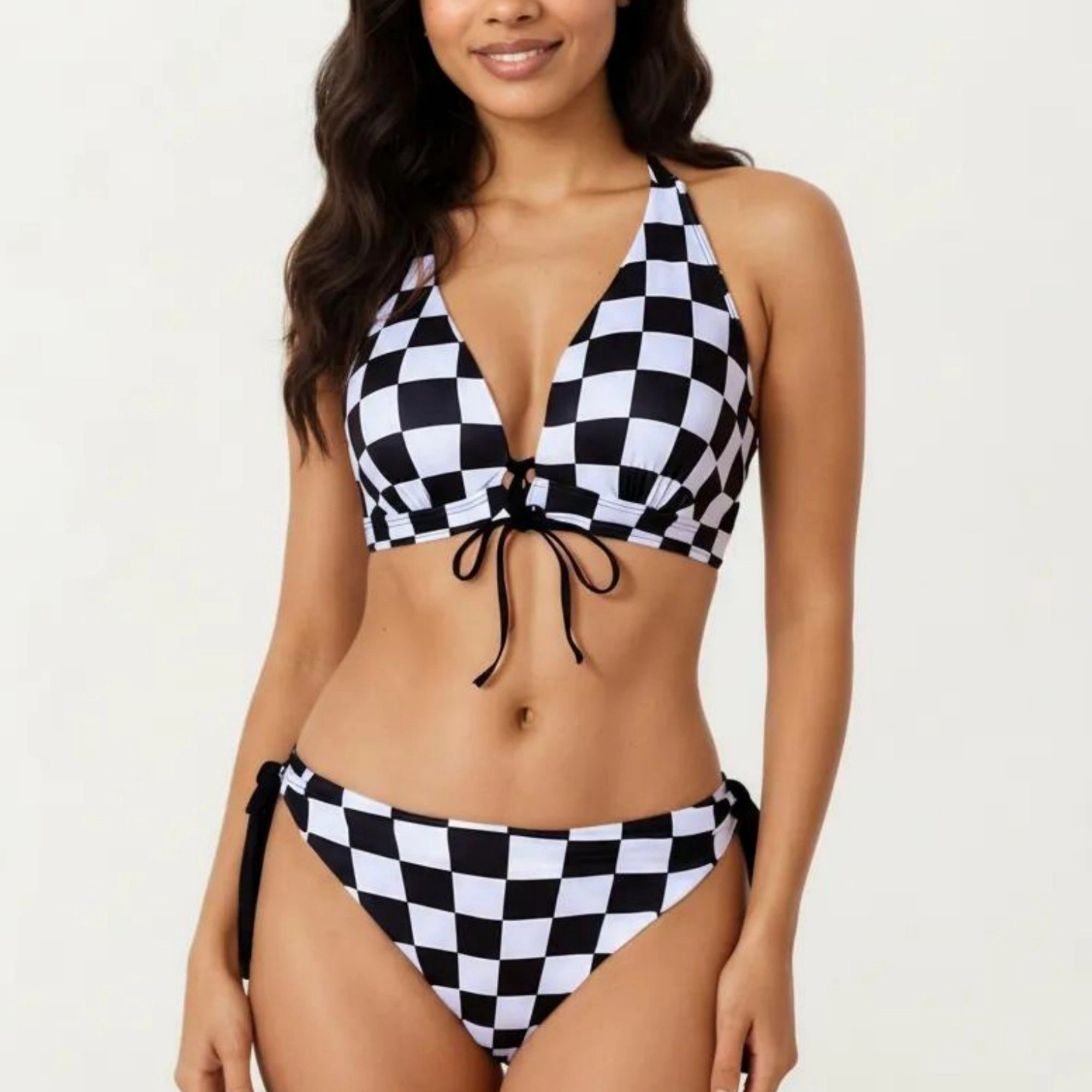 Anna-Kaci Women’s 2-Piece Checked Bikini Set Halter Triangle Top with Front Tie, High-Waist Tie-Side Bottoms