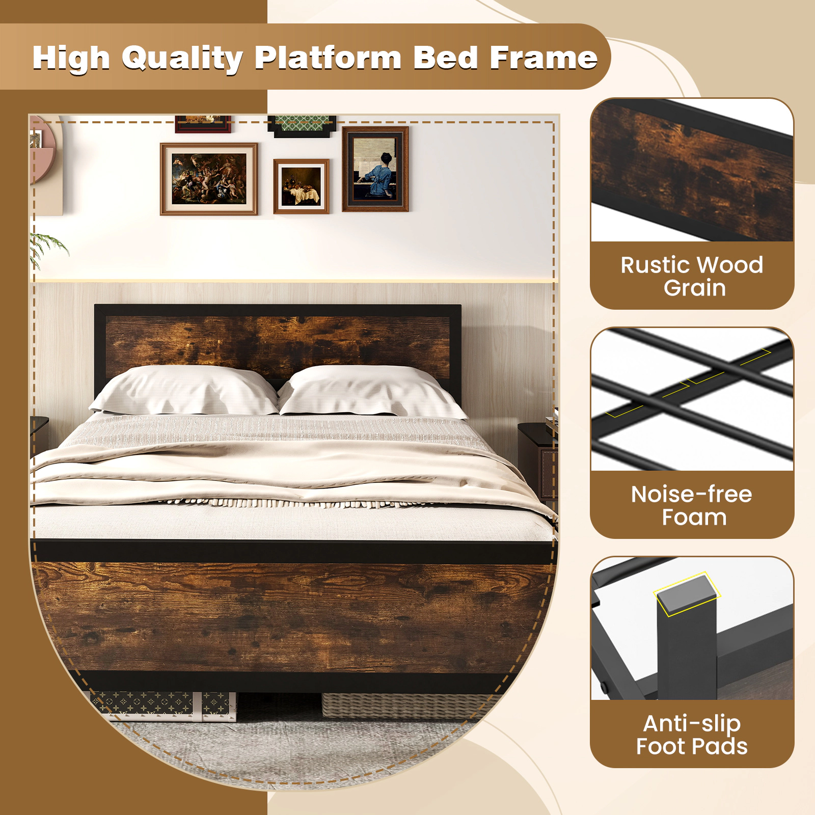 SUGIFT Queen Platform Bed Frame, Rustic Brown Wood-Grain Headboard and Footboard, Metal Slat Support, 660 lb Capacity