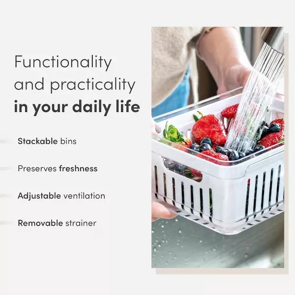 OU Fridge Organizer Bins w/ Drain Basket & Vented Lids, Clear Stackable Storage Container, BPA Free, 2 Pack (5.3qt Each)