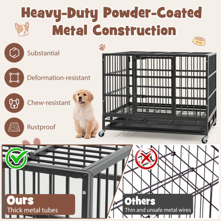 SUGIFT Black 38-in Foldable Heavy Duty Metal Dog Cage with Lockable Rolling Casters and Pull-Out Tray