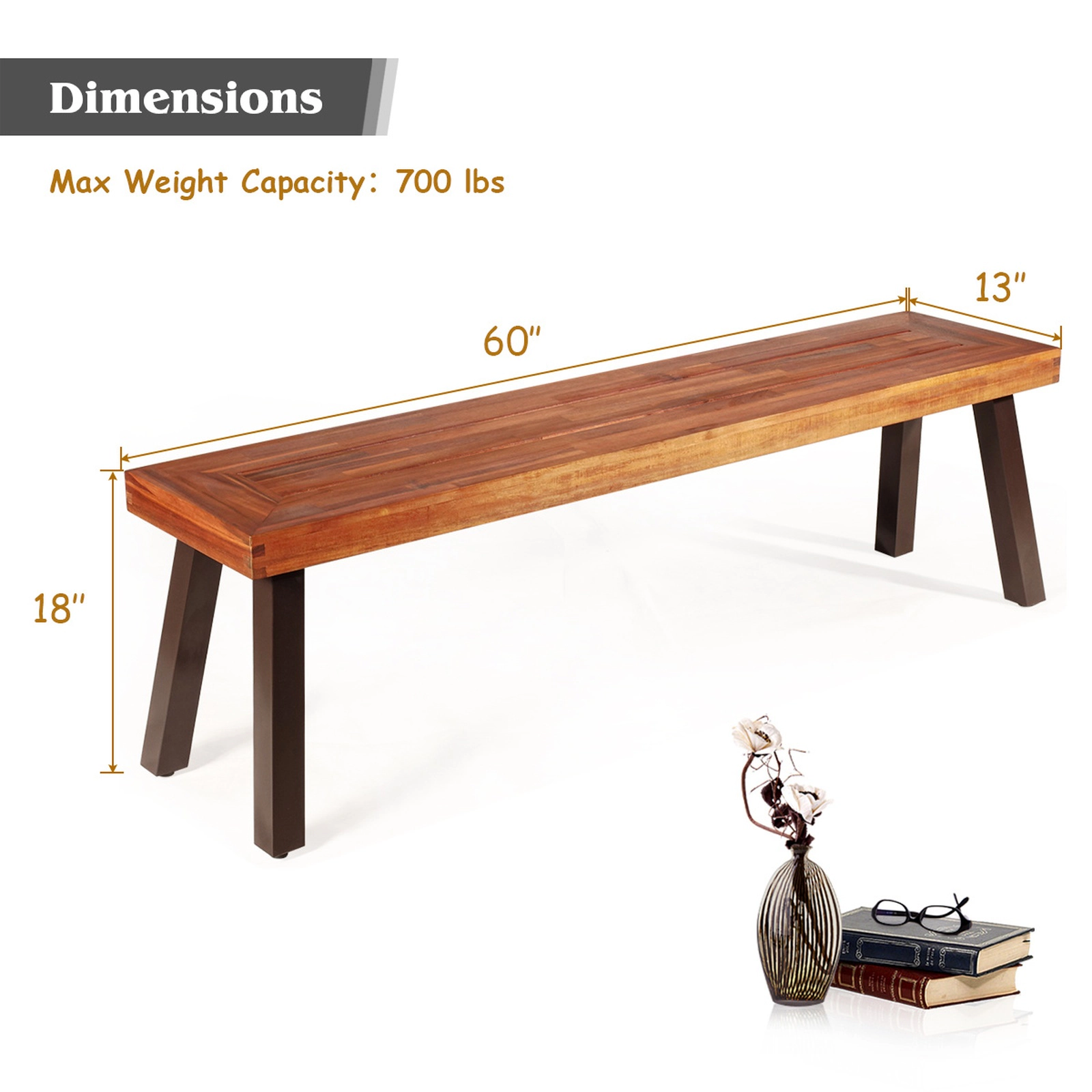 SUGIFT Set of 2 60-Inch Acacia Wood Outdoor Dining Benches, Steel Frame, Levelers, 700-Lb Capacity