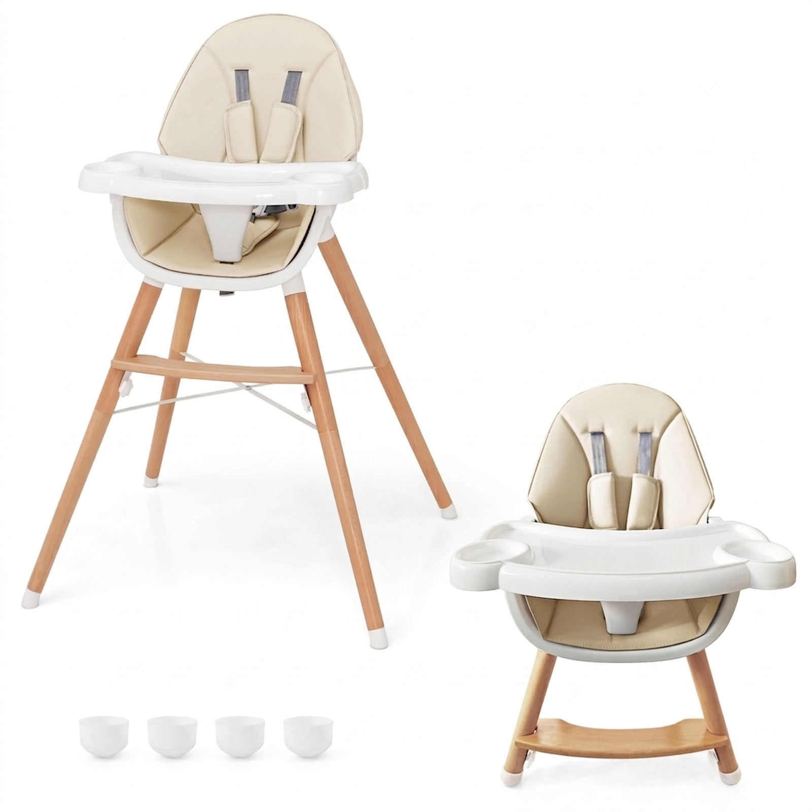 SUGIFT Beige 4-Level Adjustable Dishwasher Safe Tray and Beech Wood Legs Baby High Chair