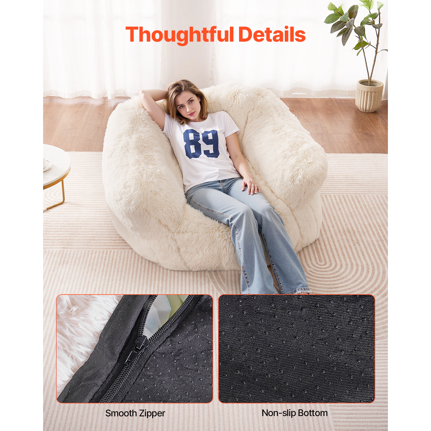 HONGGE Bean Bag Sofa Chair with Armrests, Ergonomic Back Support, Memory Foam Fill, Zippered Cover, Beige