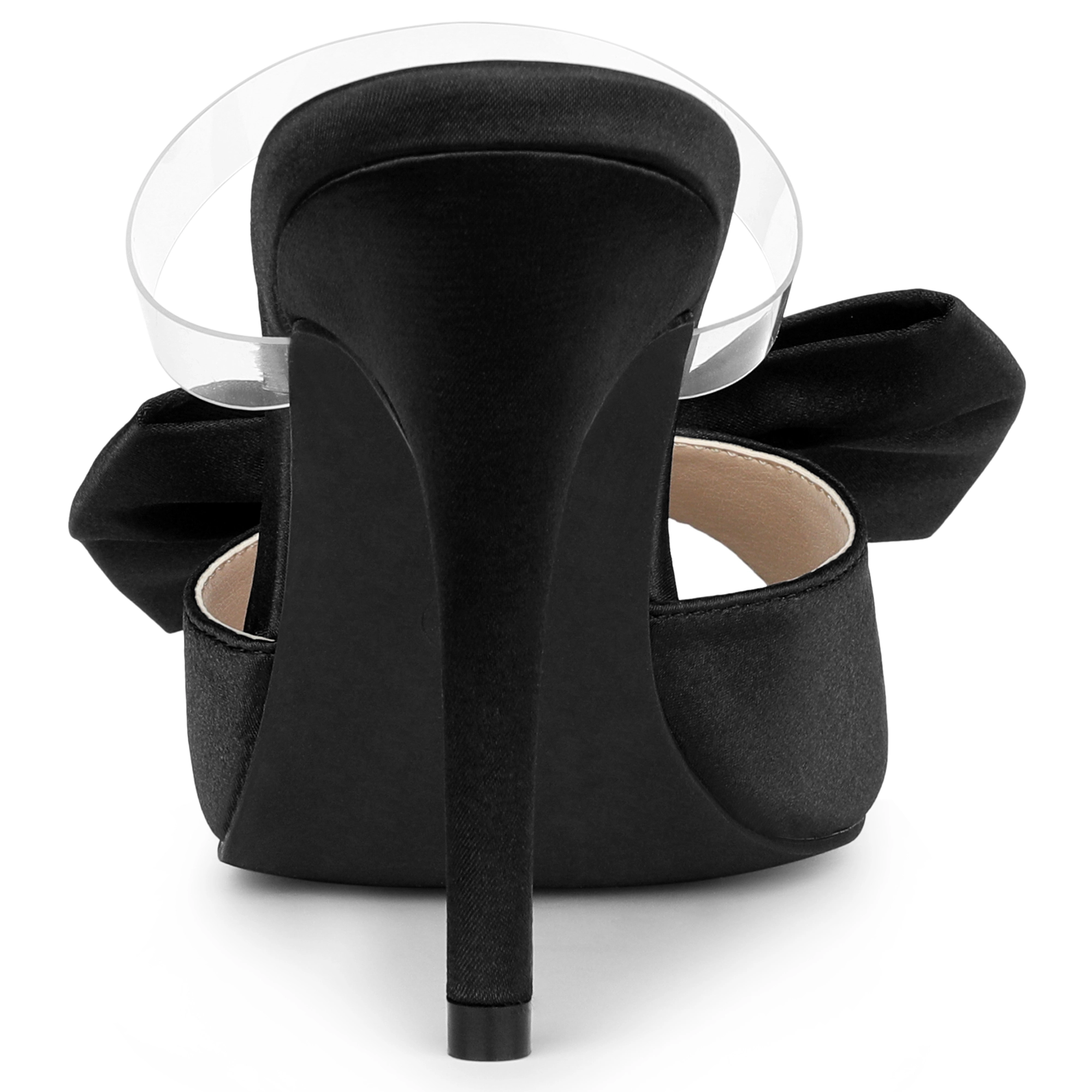 BLISSFUL STEP Women's Satin Bow Clear Strap Stiletto Heels Mules Sandals