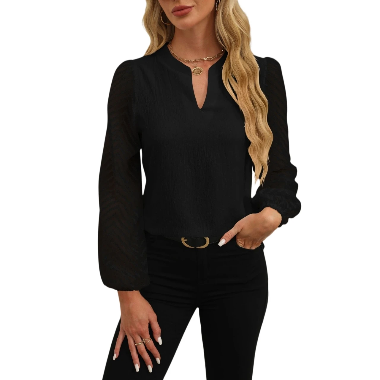 YesFashion Womens Tops Dressy Casual Crew Neck Lantern Long Sleeve Work Shirts Chiffon Blouses