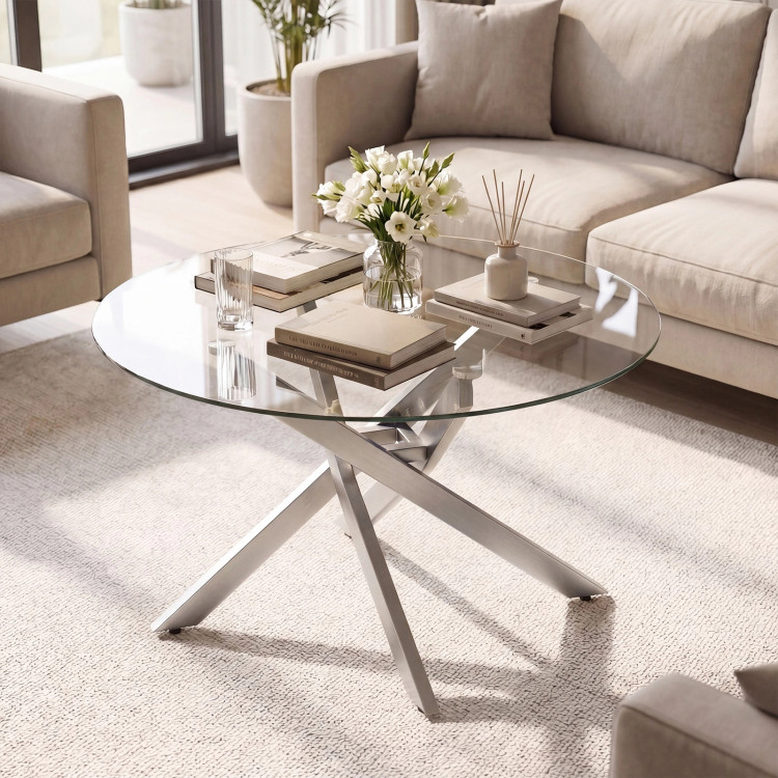 SUGIFT Round Tempered Glass Coffee Table 110-lb Capacity Transparent & Gold or Transparent & Silver