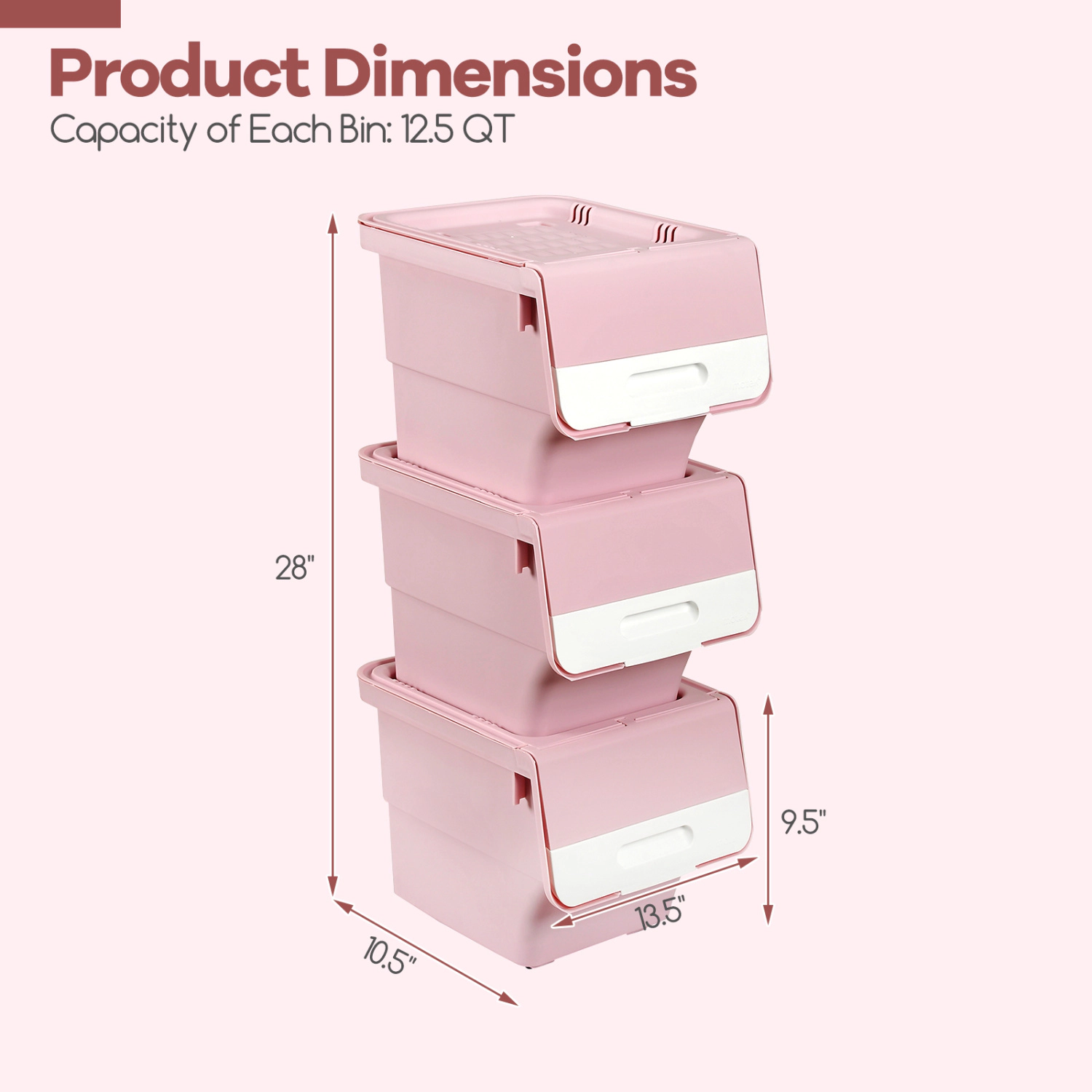 SUGIFT 3-Pack Pink 12.5-qt Stackable Storage Bins with Lids Wheels and Front Opening for Closet Organizer