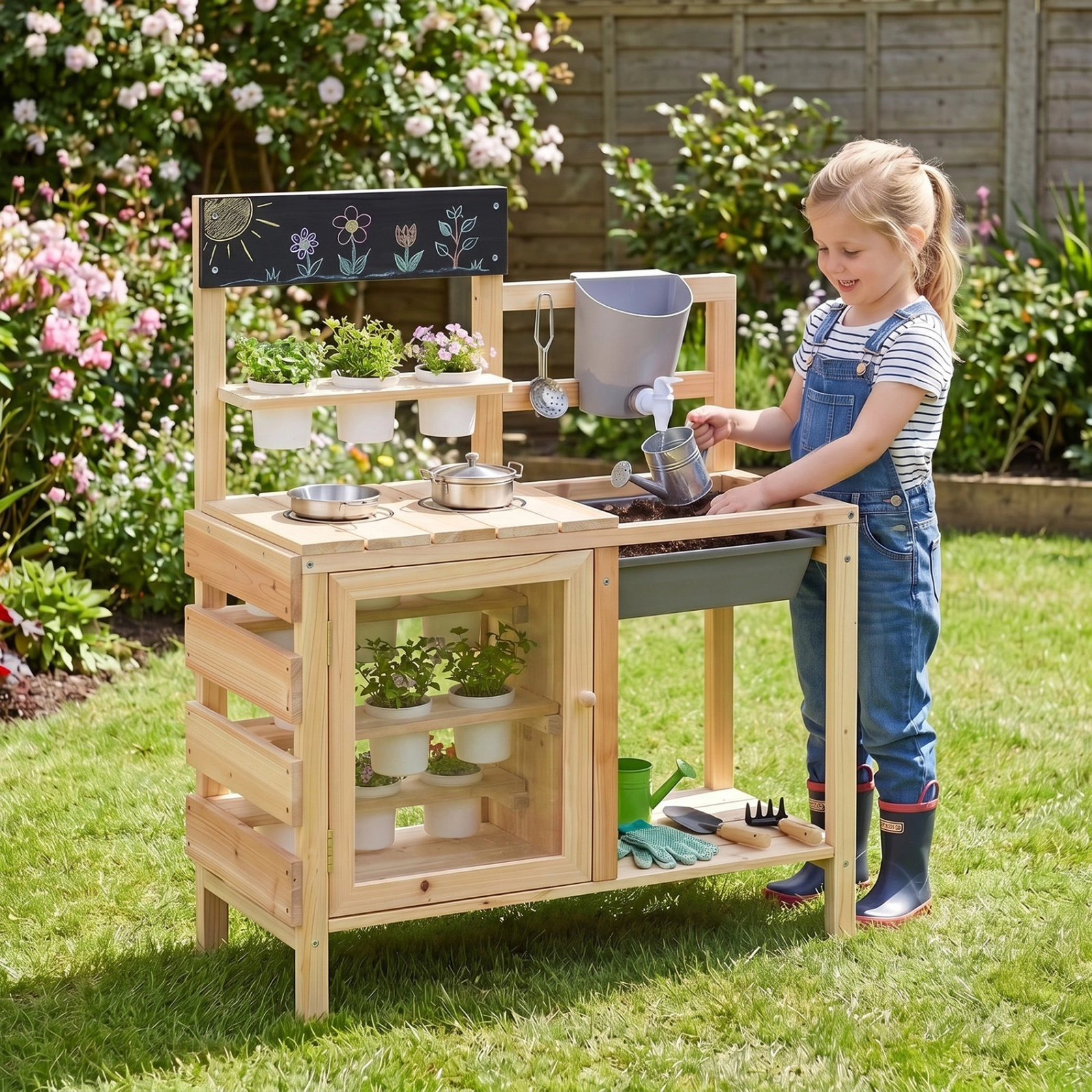 Mud Kitchen for Kids Plants Observation Room 12 Plant Cups Real Faucet 27-in Fir Wood Outdoor Play Sink Ages 3+ Natural