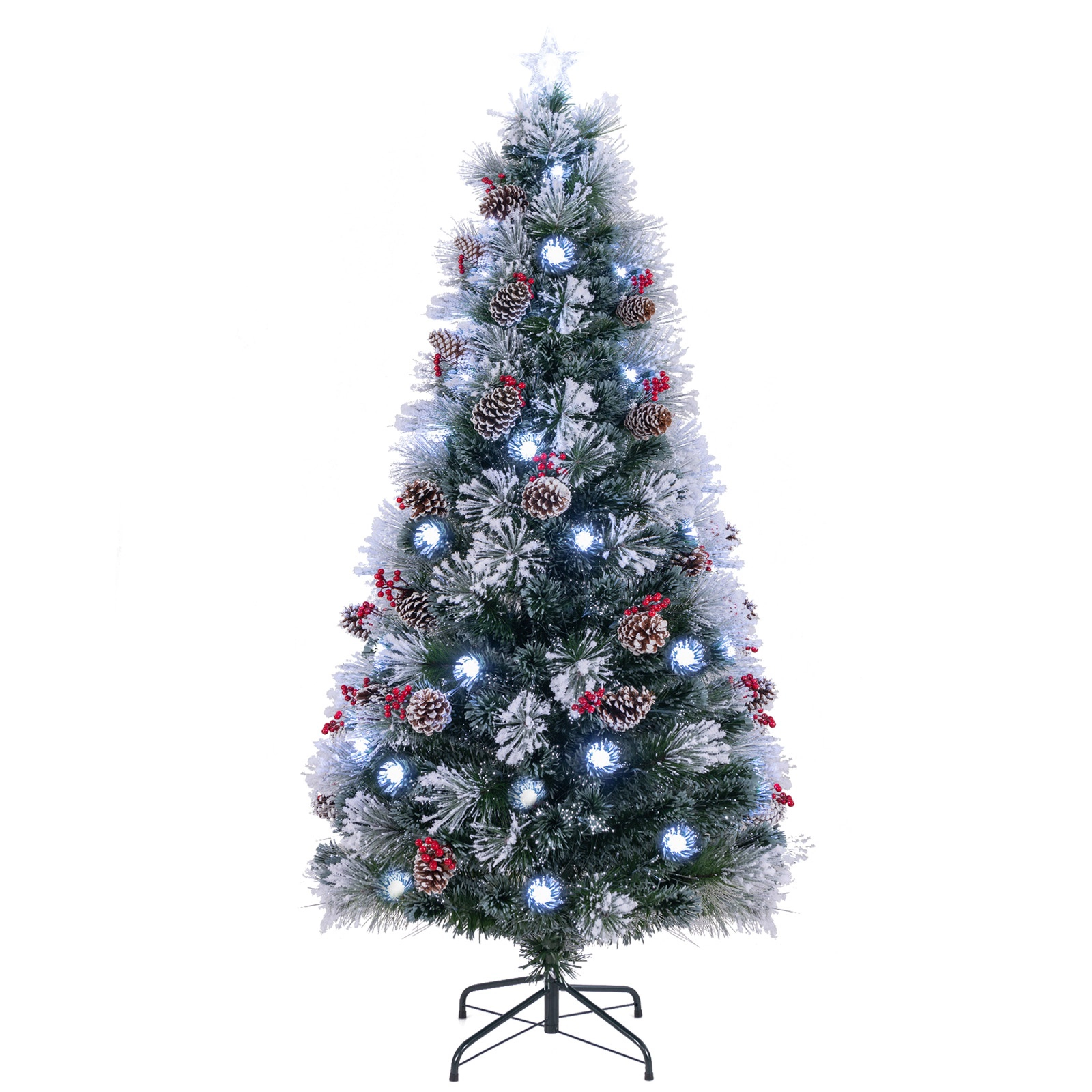 SUGIFT 7 ft Flocked Christmas Tree Pre-Lit with 8 Lighting Modes 30 Pine Cones and 30 Red Berries