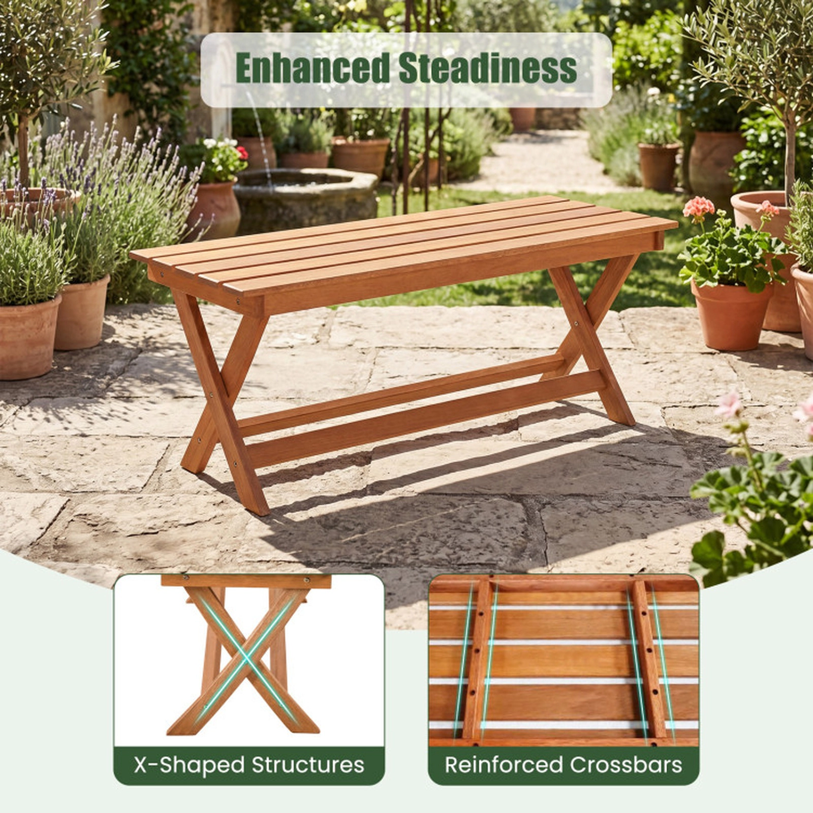 SUGIFT 2-Seat Wooden Garden Patio Bench with X-Shaped Legs 530-lb Capacity Backless Slatted Seat Natural