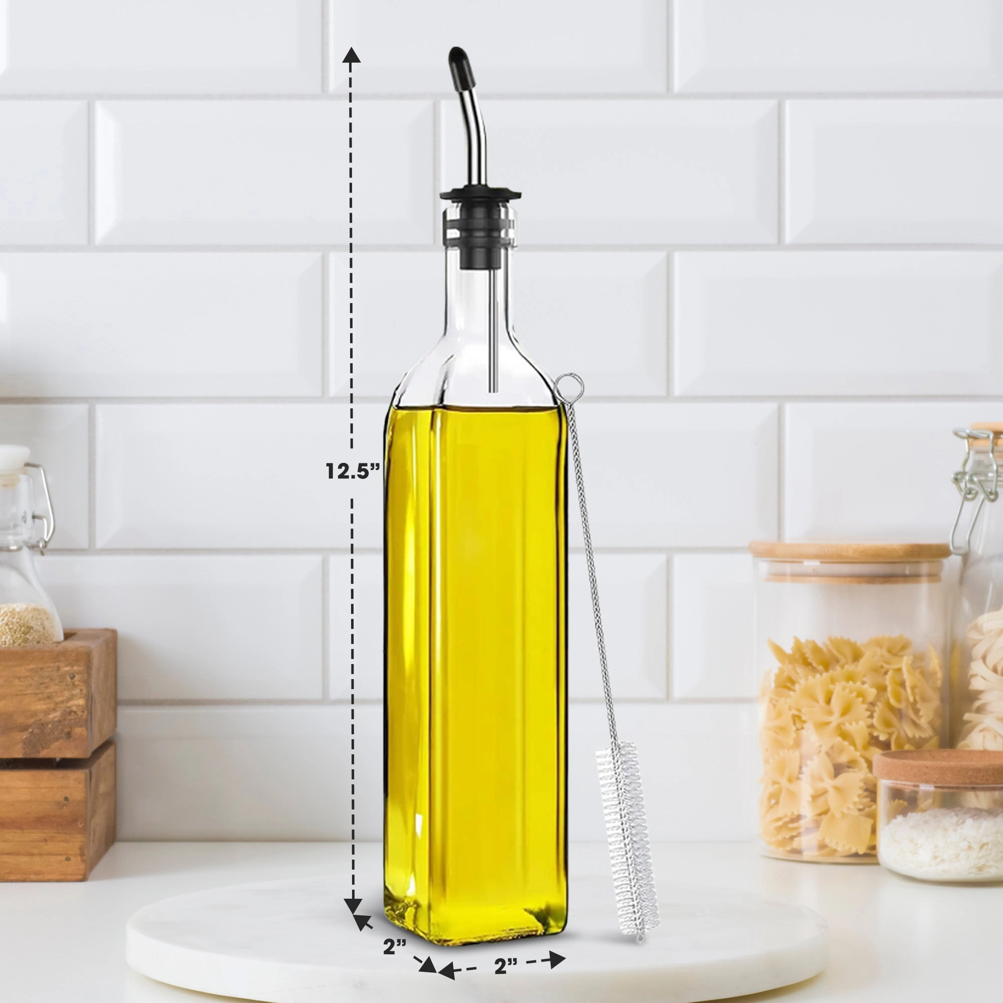 Cheer Collection 2 Pack Glass Olive Oil Dispenser Set 17oz with Funnel Brush
