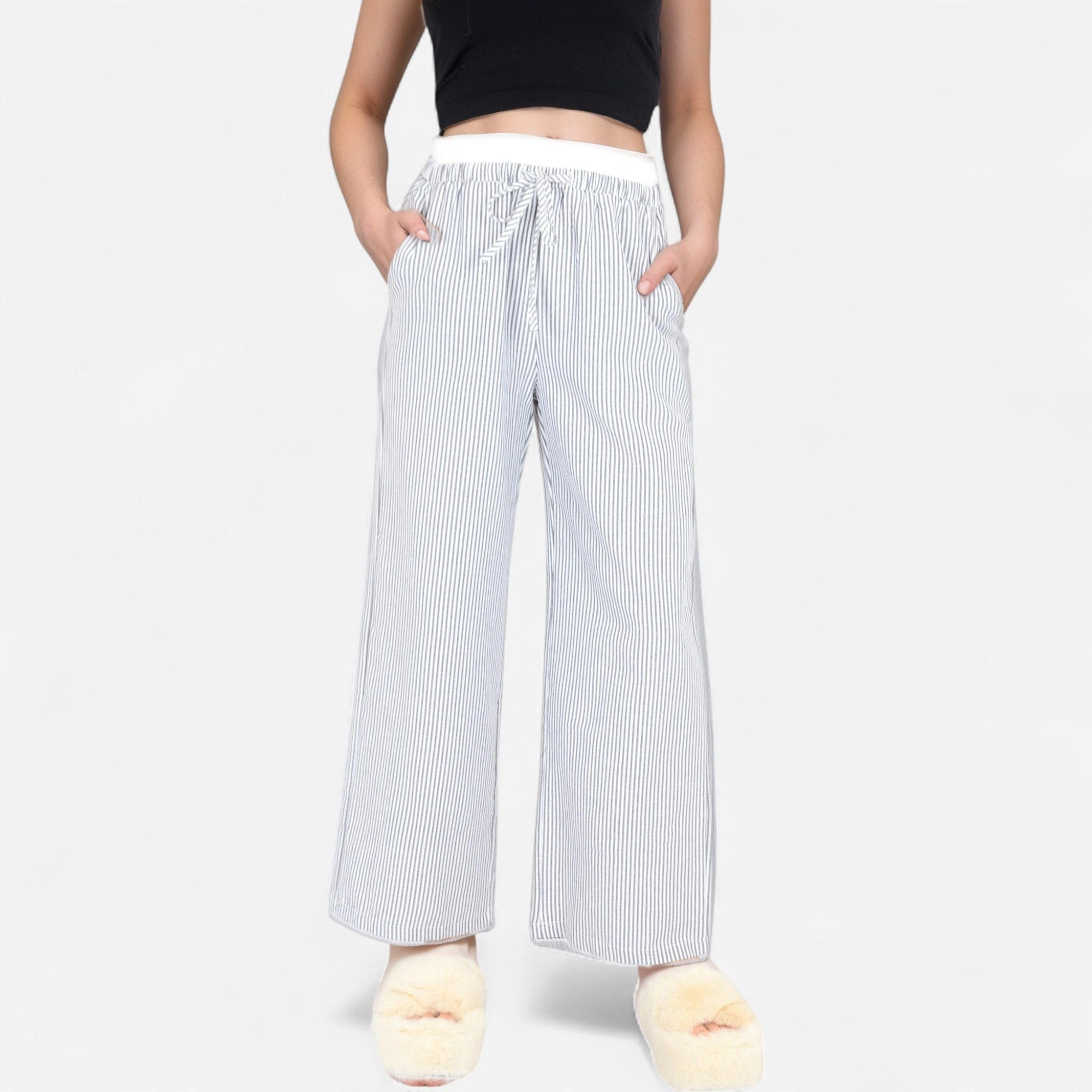 Anna-Kaci Women's Striped Wide Leg Lounge Pants with Elastic Waistband Drawstring and Relaxed Full-Length Fit