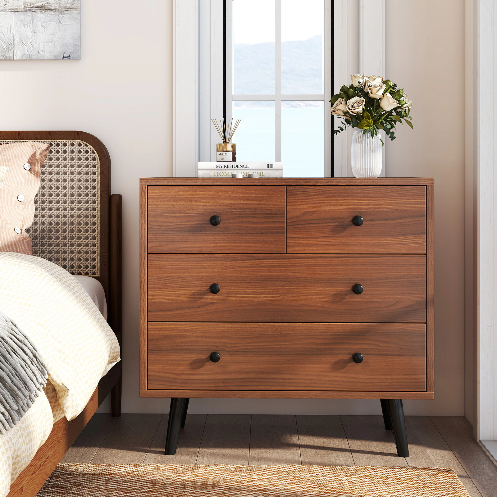 SUGIFT Wide Wooden Dresser with 4 Drawers 110-lb Countertop Capacity Bedroom Living Room Walnut