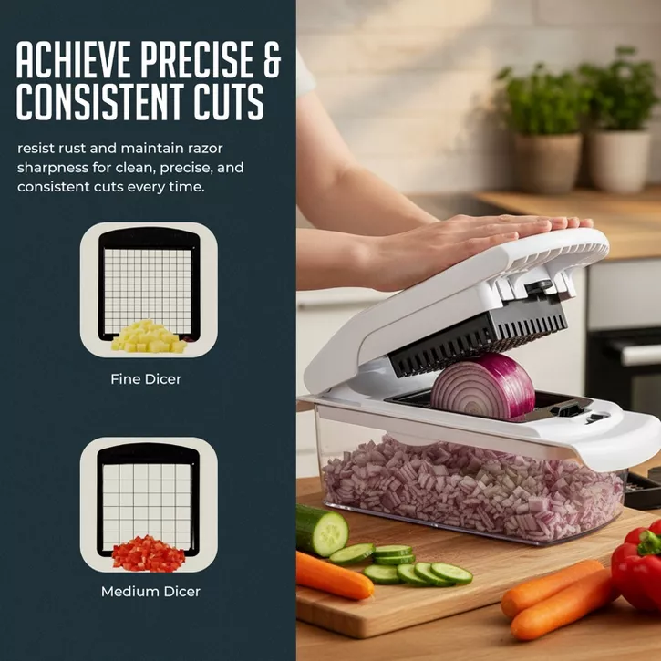 Luminuxe Multipurpose Vegetable Chopper & Spiralizer, 4‑in‑1 Heavy Duty Manual Food Slicer & Dicer w Meal Prep Container