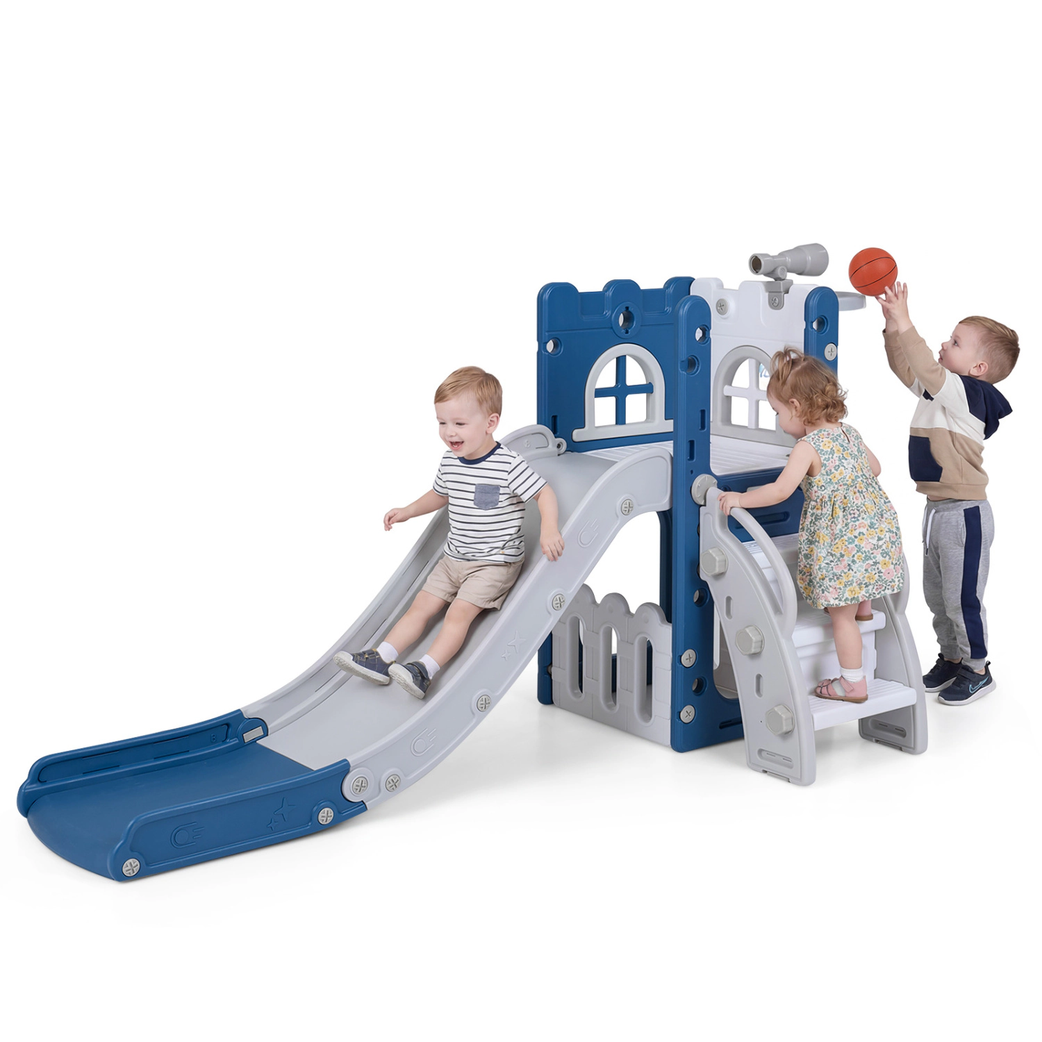LJG 6-in-1 Toddler Slide L-Shaped Playground with Basketball Hoop and Ladder