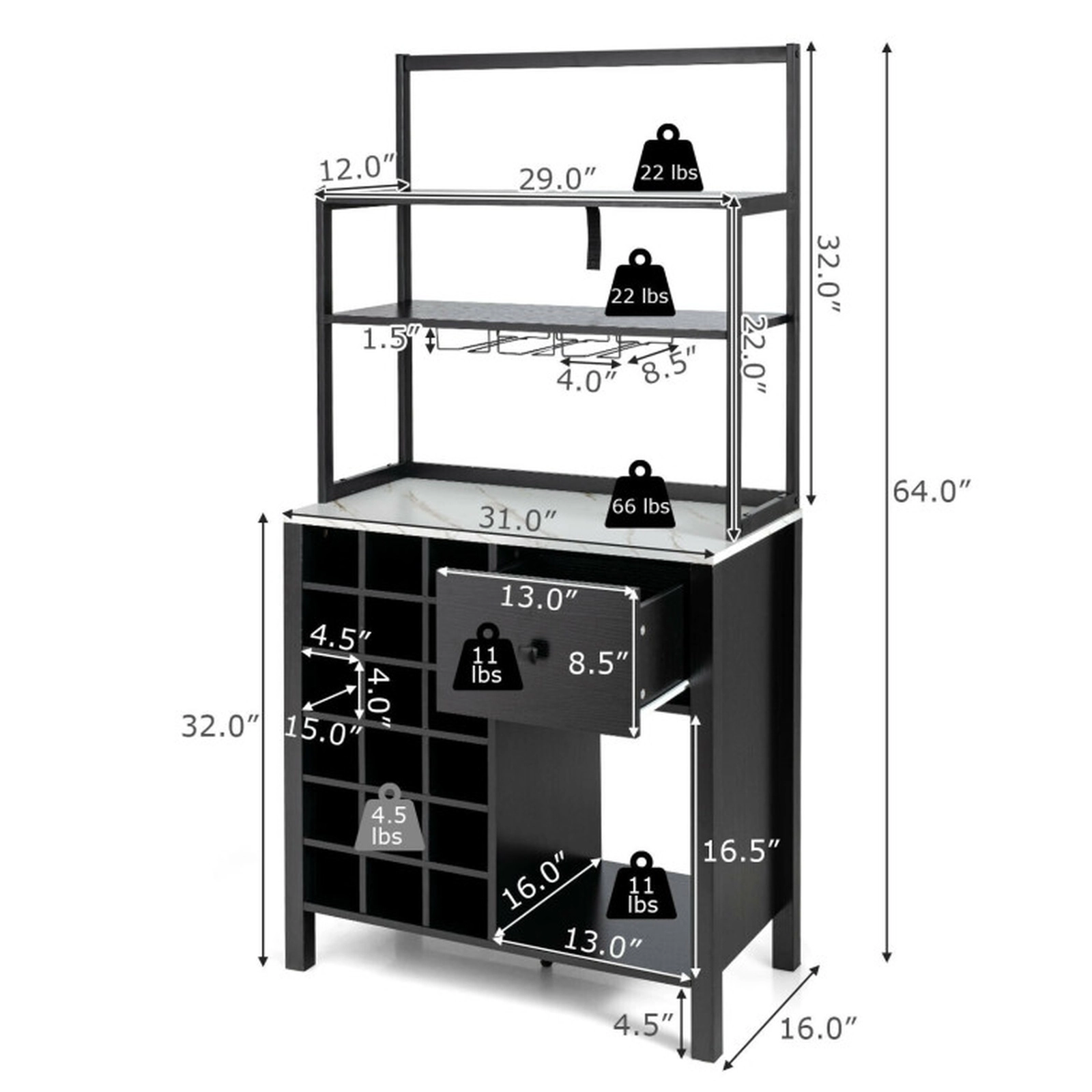 SUGIFT 64-in 3-Tier 66-lb Shelf Black Bakers Rack with 18-Bottle Wine Rack Glass Holder and Drawer