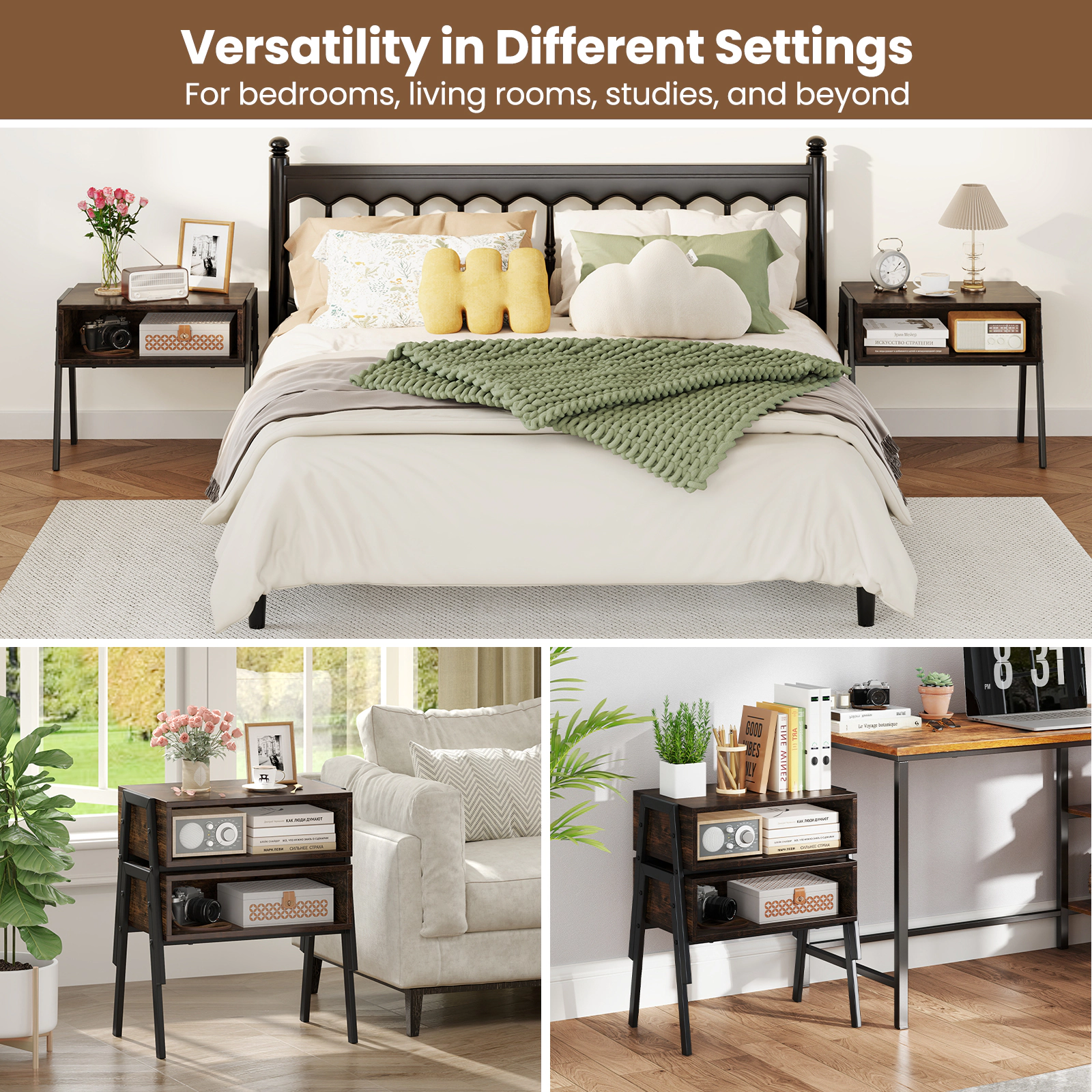 SUGIFT Stackable Nightstands Bedside End Tables with Open Storage Shelf 18-in Tall 66-lb Capacity Brown 2-Piece Set