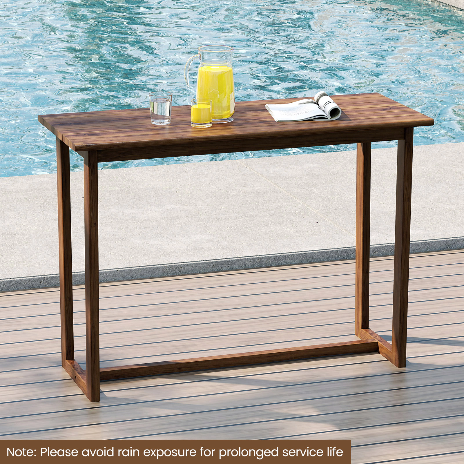 SUGIFT 59-in Slatted Teak Wood Outdoor Bar Table 220-lb Capacity 42-in Tall Natural for 28-32 in Barstools