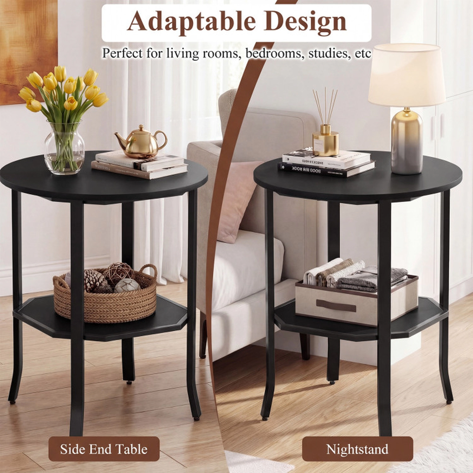 SUGIFT Storage Shelf and Carbon Steel Frame 2-Tier Black Round Side Table