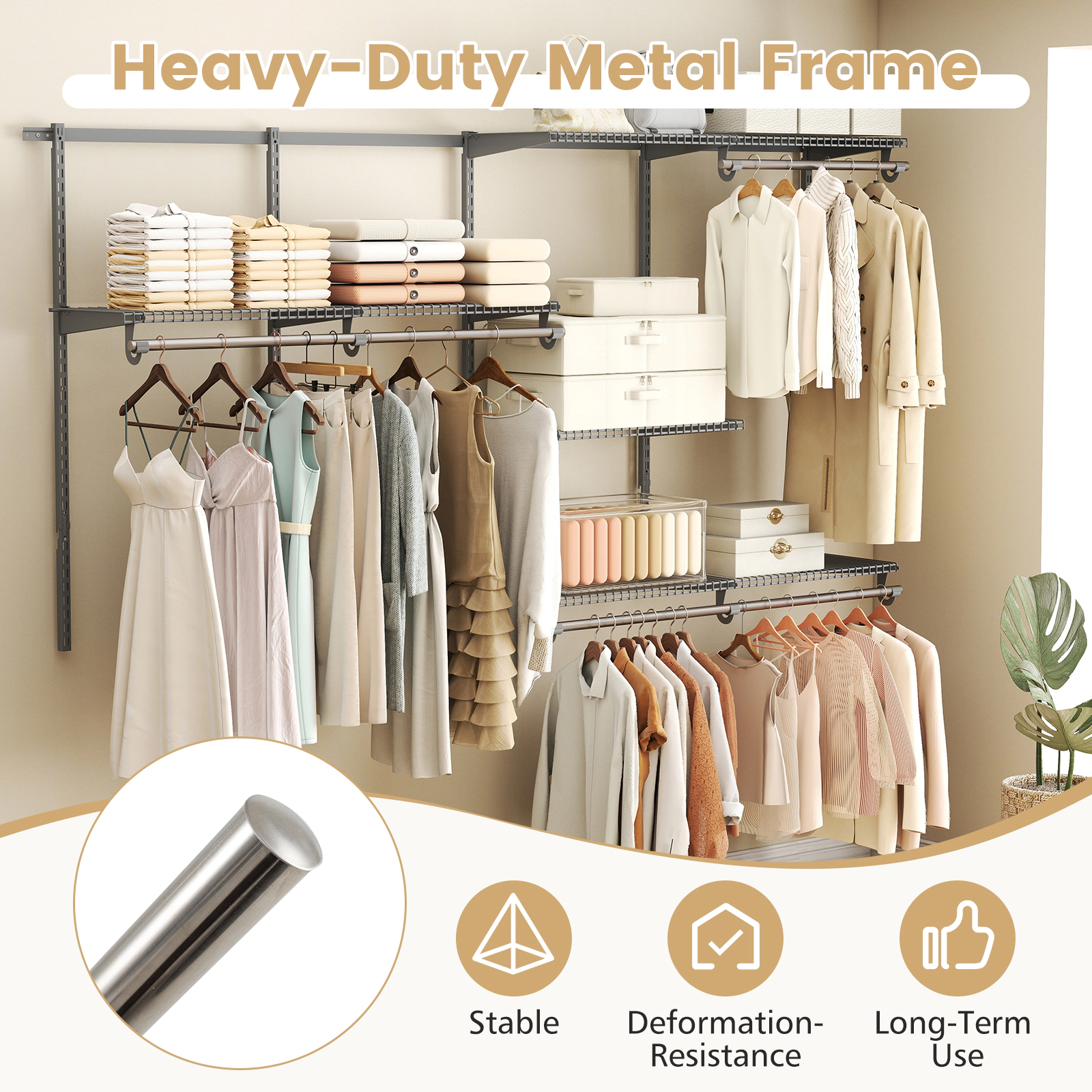 SUGIFT 4-8-ft Wall-Mounted 7 Shelves 5 Hanging Rods Metal Closet Organizer System 48-in x 13-in 45-lb Capacity Gray