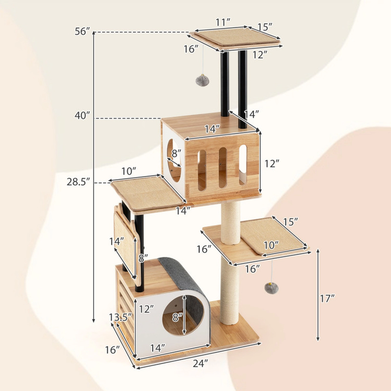 SUGIFT 56-in Natural Modern Tall Cat Tree Tower with 2 Condos Detachable Sisal Carpets and Metal Posts