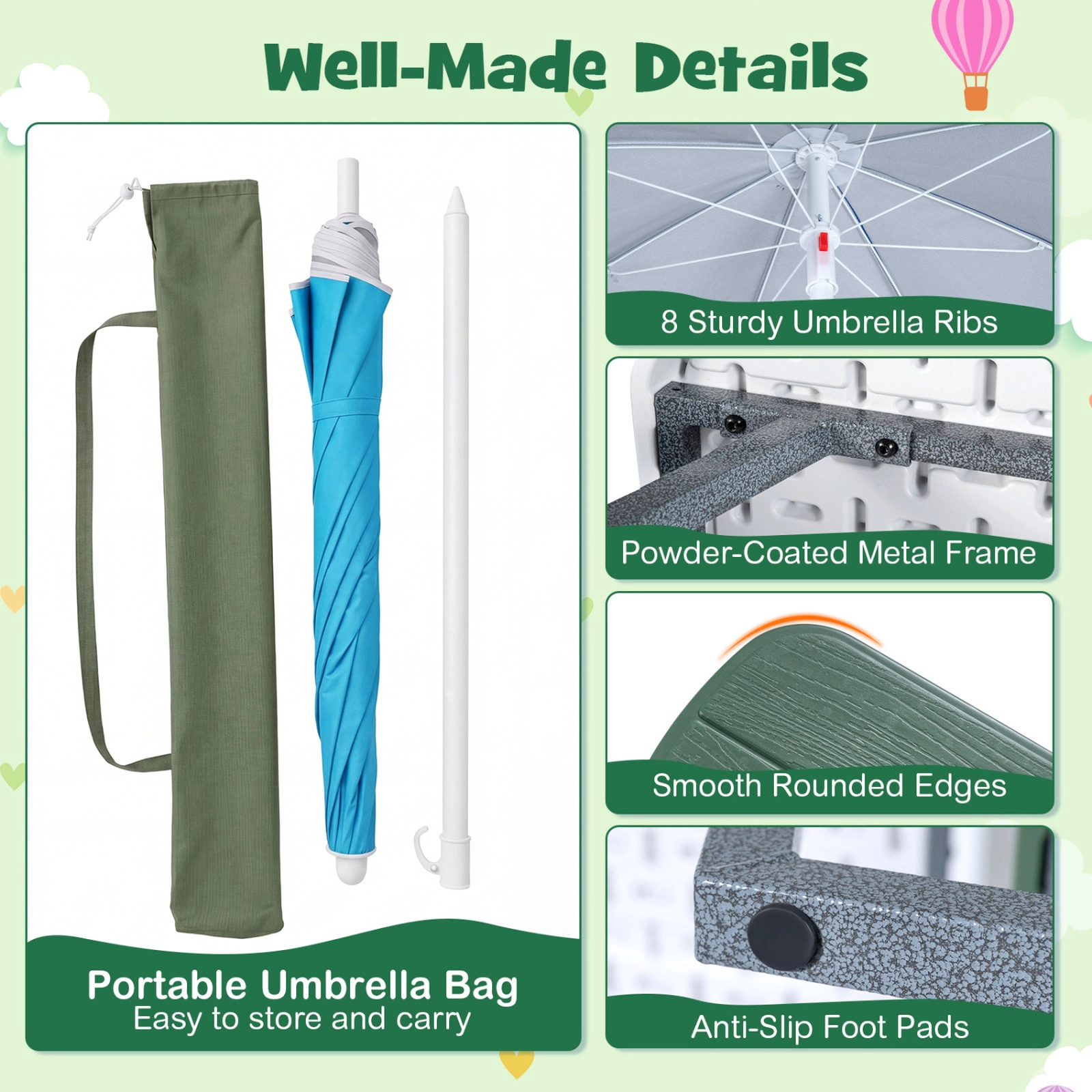 SUGIFT Kids Picnic Table with Benches and Umbrella Metal and HDPE 88-lb Table 660-lb Bench Capacity Ages 3+ Green