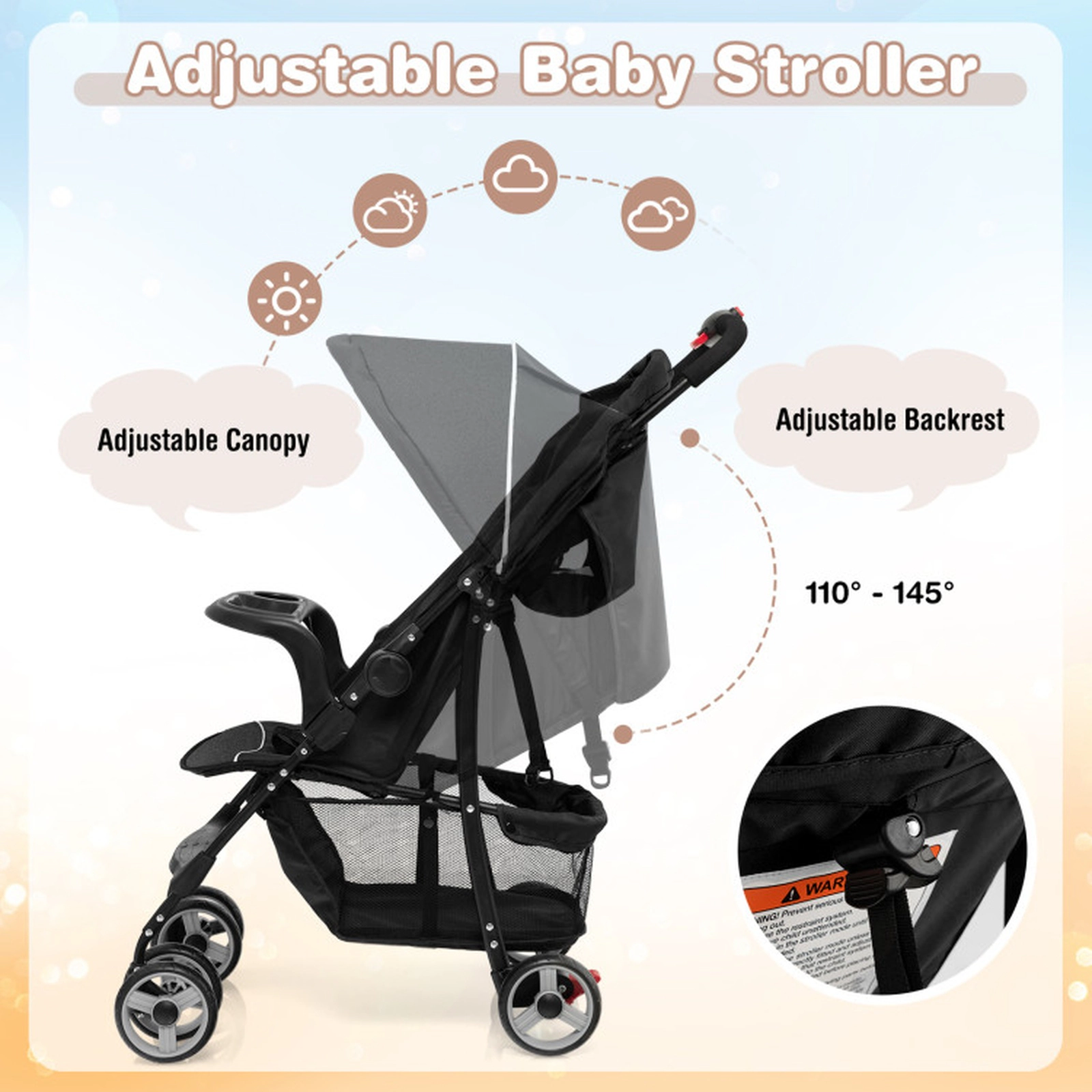 SUGIFT Toddler Travel Stroller for Airplane with Canopy and Adjustable Backrest 33-lb Capacity Ages 6-36 Months Black