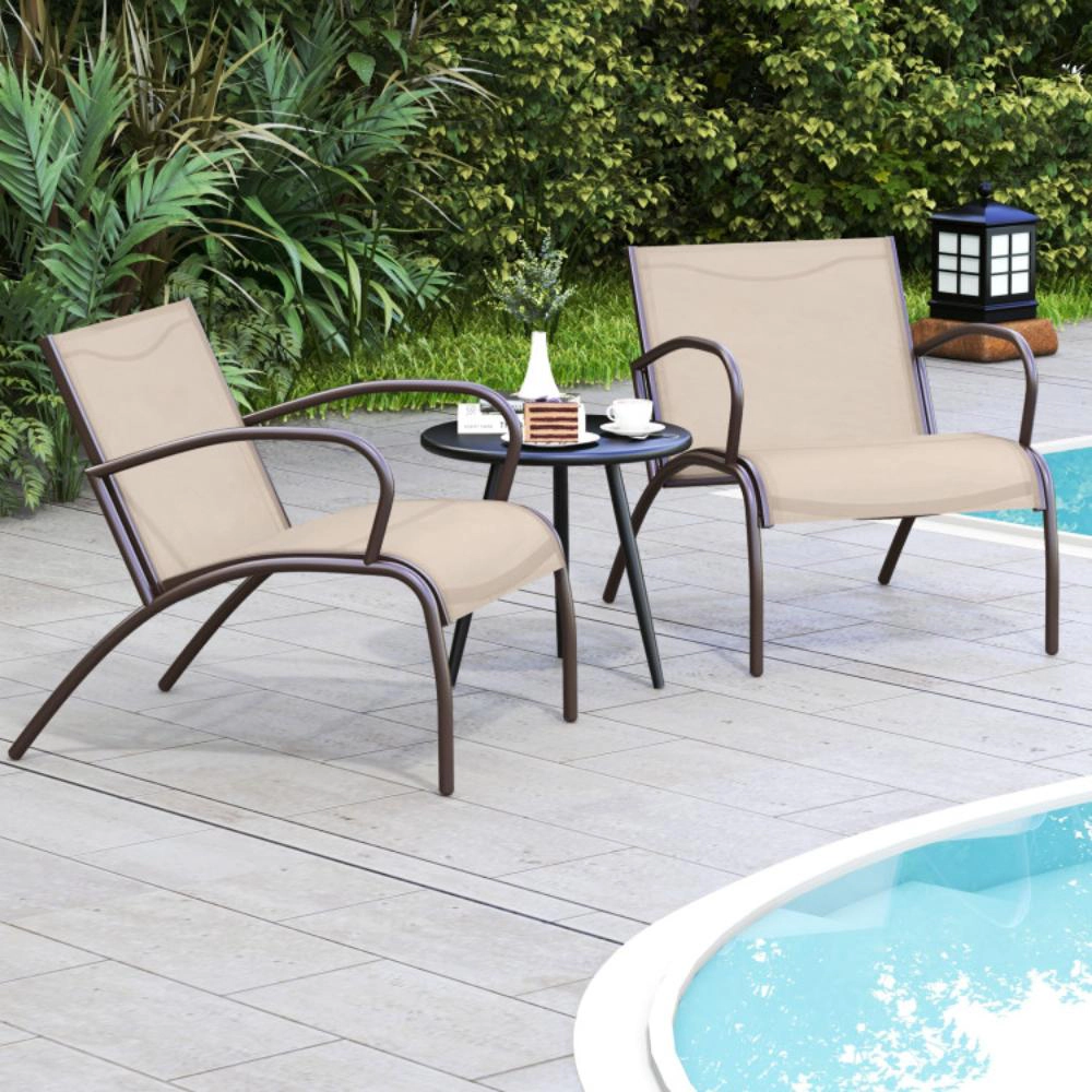 Hivvago 3 Piece Patio Metal Aluminum Wide Armchair And Table Set-Rusic Brown