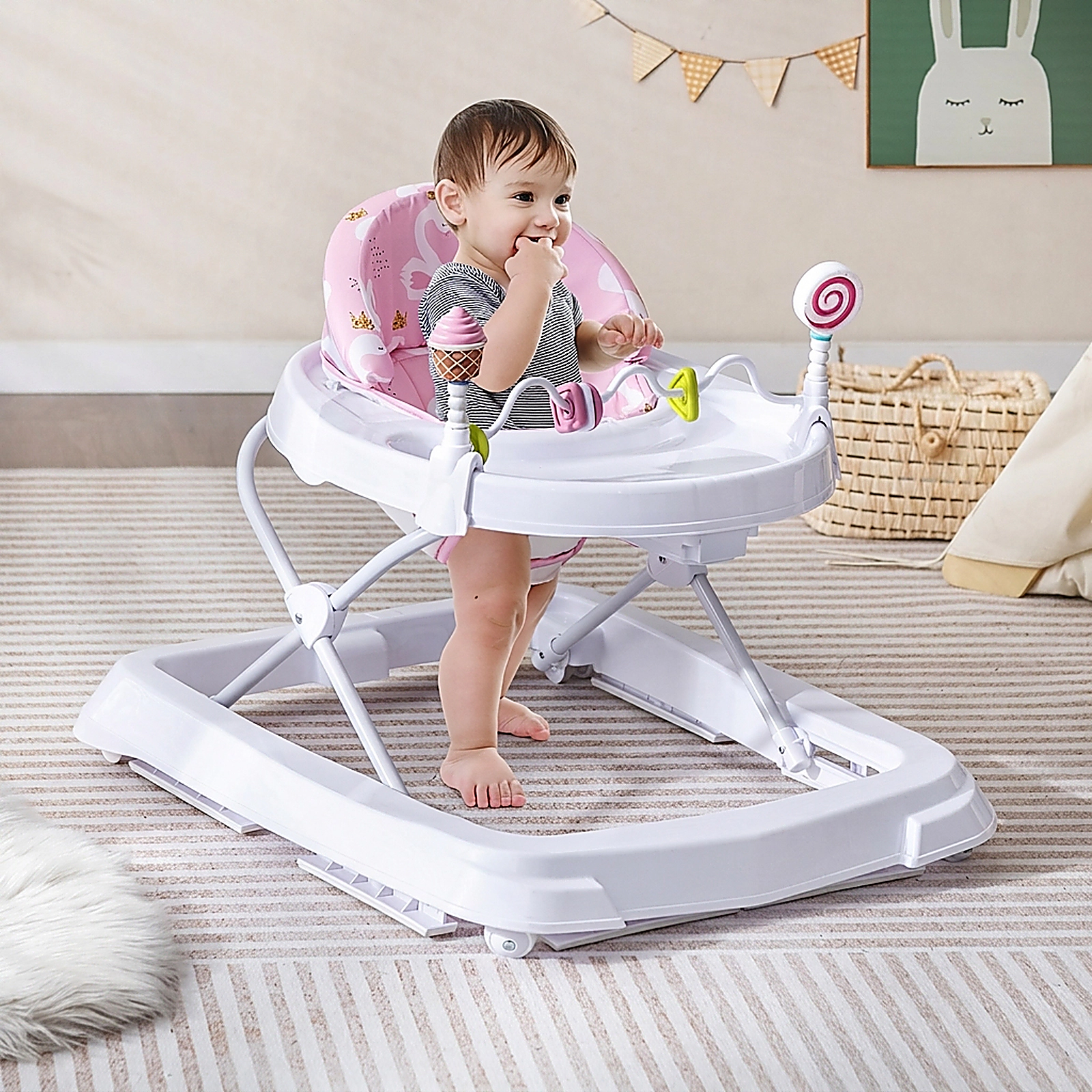 SUGIFT Foldable Baby Activity Walker Pink with Detachable Seat Cushion and Anti-Collision Frame