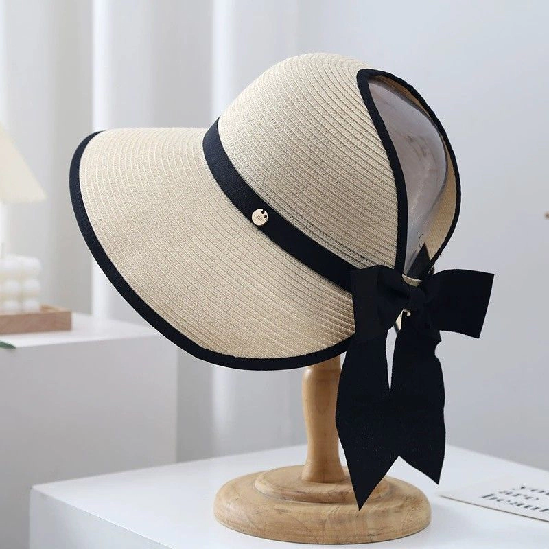 Anna-Kaci Women's Women Straw Sun Visor Hat Wide Brim Bow Ribbon Contrast Trim Adjustable Summer