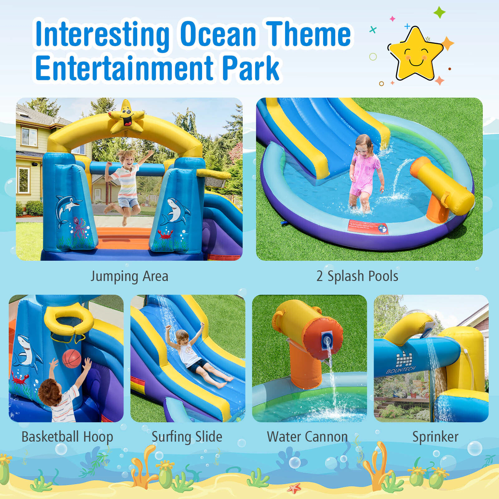 SUGIFT Blue Ocean Themed 2 Pools and 680W Blower Kids Inflatable Bounce House
