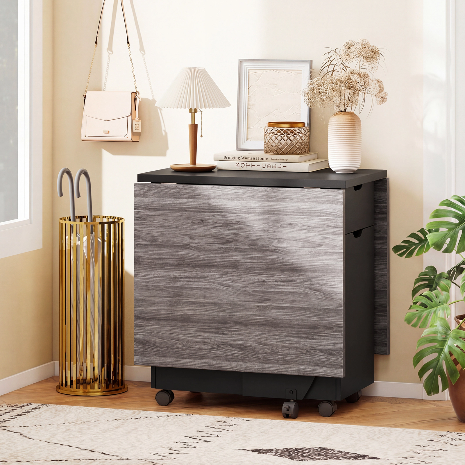 SUGIFT Black 3-in-1 Folding Dining, Craft, and Sewing Table with Drawers and Wheels