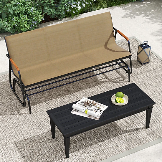 LJG Patio Glider Bench with Curved Teak Armrests and Breathable Fabric Seat for 3 People