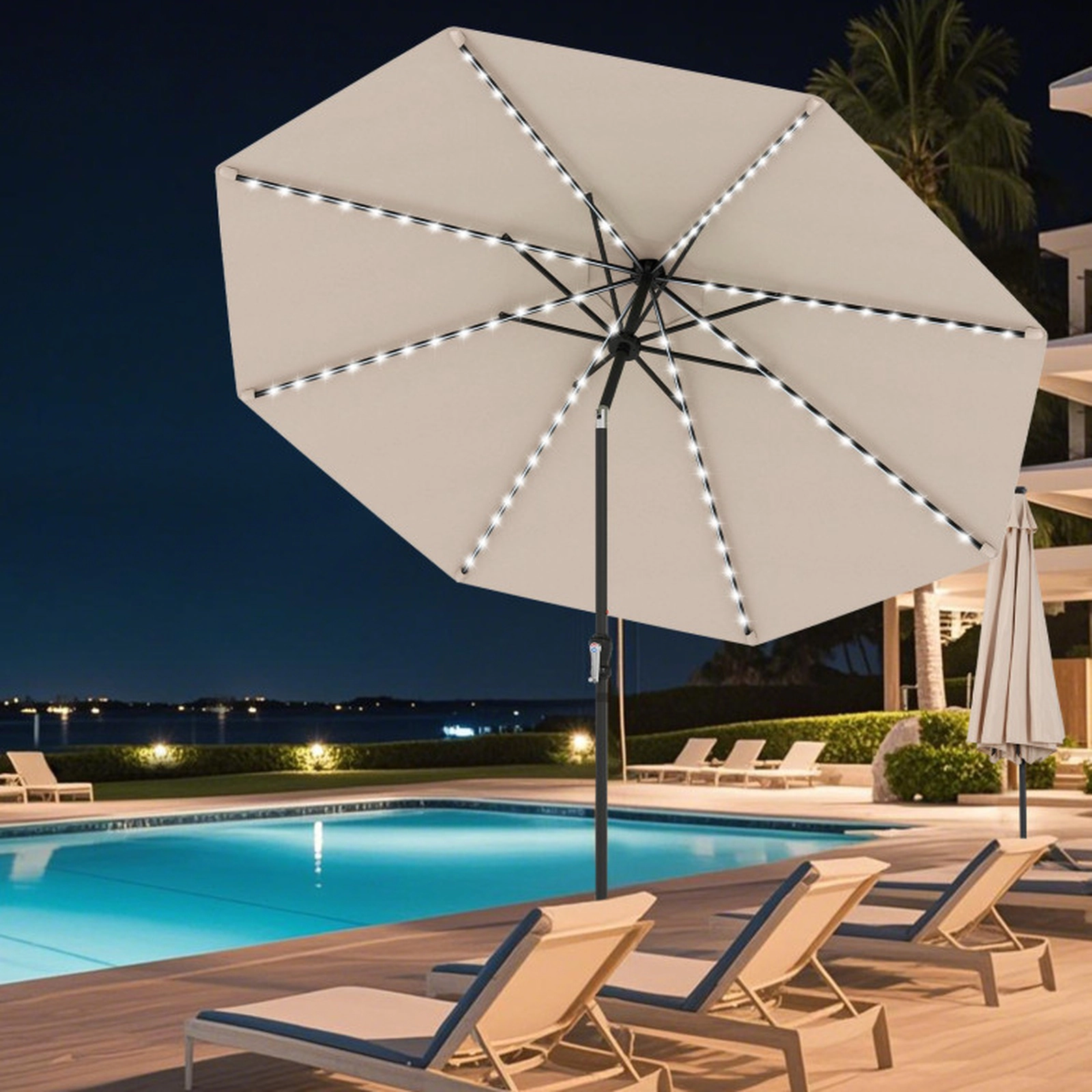 SUGIFT 10-ft Beige Solar LED Patio Umbrella with 96 Bulbs, 9 Modes and Vented Top