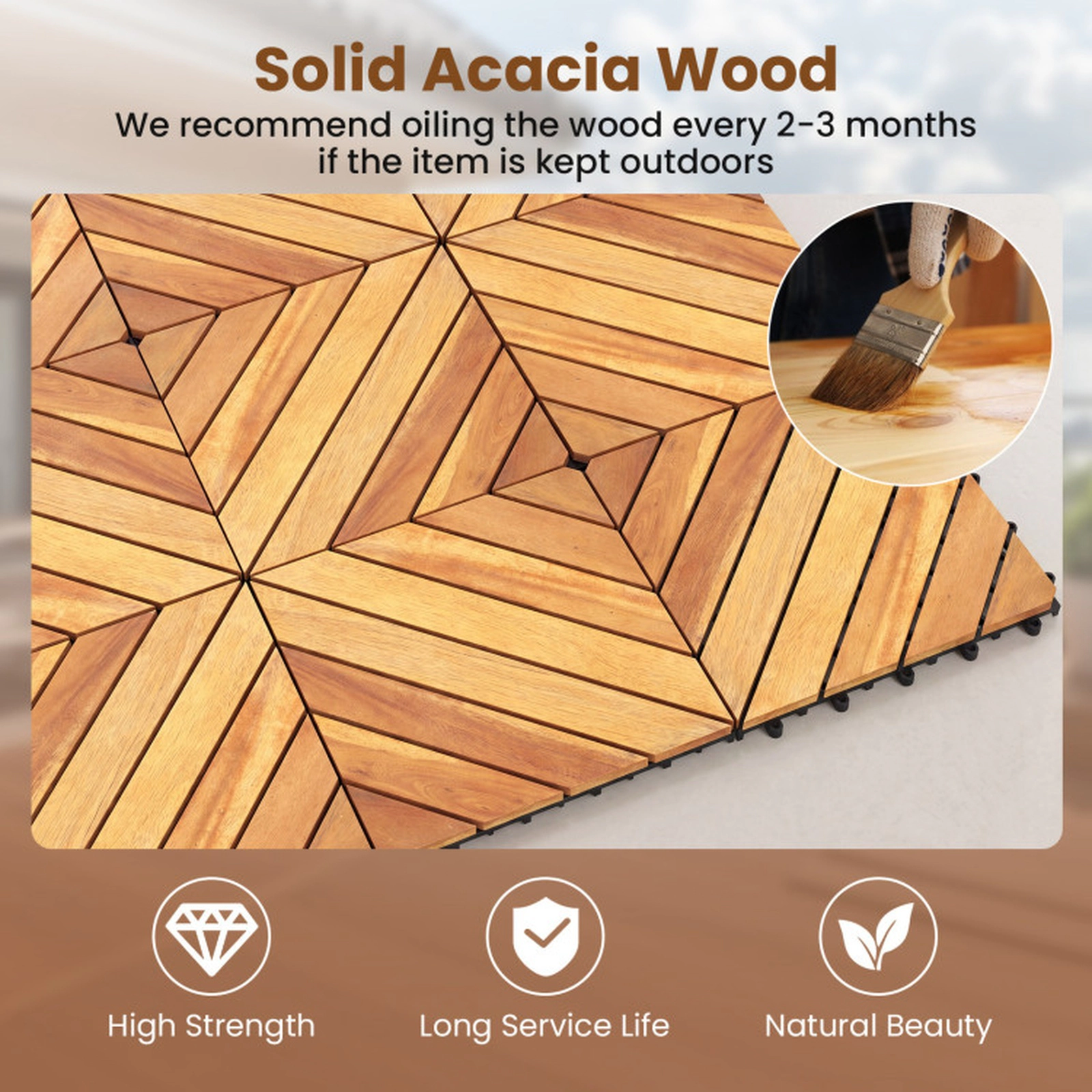 SUGIFT Interlocking Deck Mat Tiles 500-lb Capacity Acacia Wood 48-Piece Natural