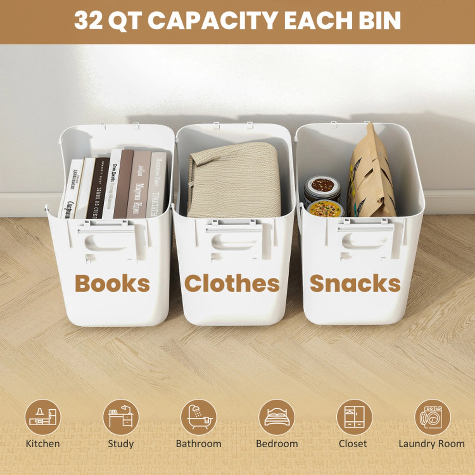 SUGIFT 3-Pack White 32-qt Stackable Storage Bins with Lids Front Flap Door and Handles for Closet