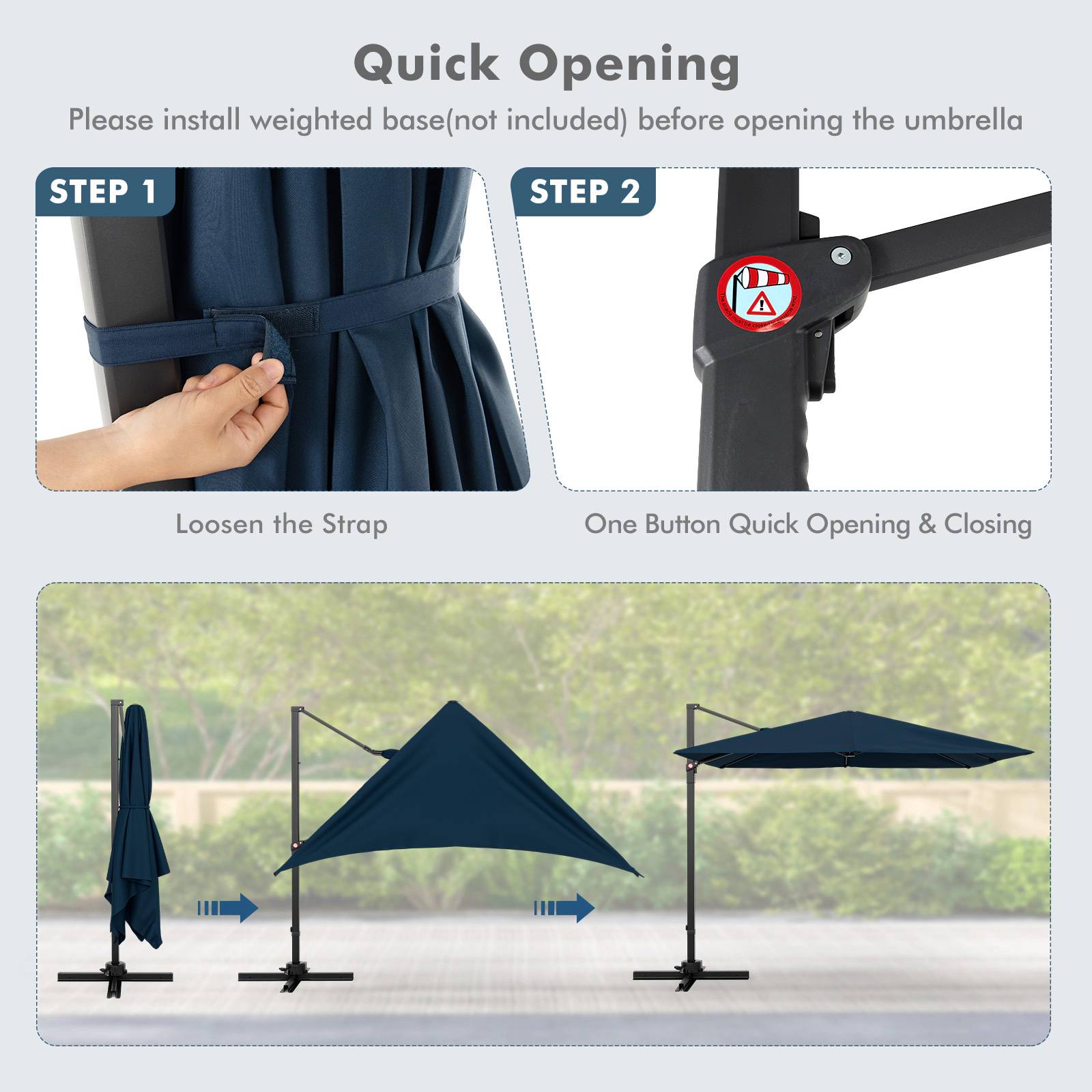 SUGIFT Navy 360-Degree Rotation and Cross Base 9.5 FT Square Cantilever Patio Umbrella