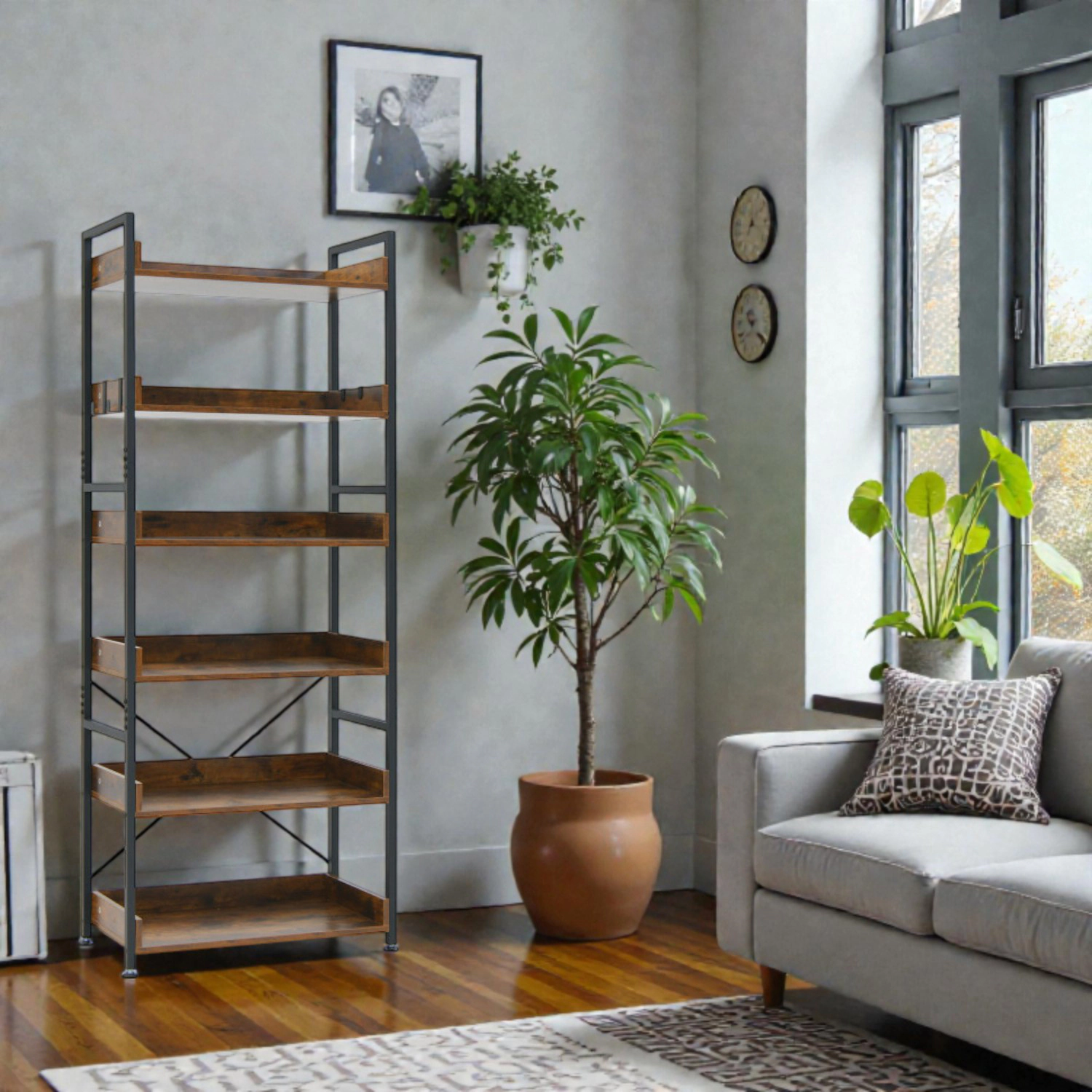 Hivvago Rustic Industrial 6-Tier Storage Bookcase with Open Display Shelving and Hooks