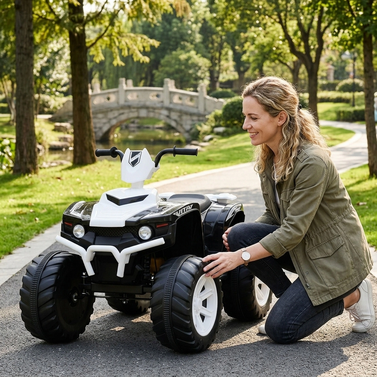 12V Kids ATV 4 Wheeler Quad Ride On Car Treaded Tires LED Headlights High and Low Speed and USB Music Ages 3-7 White