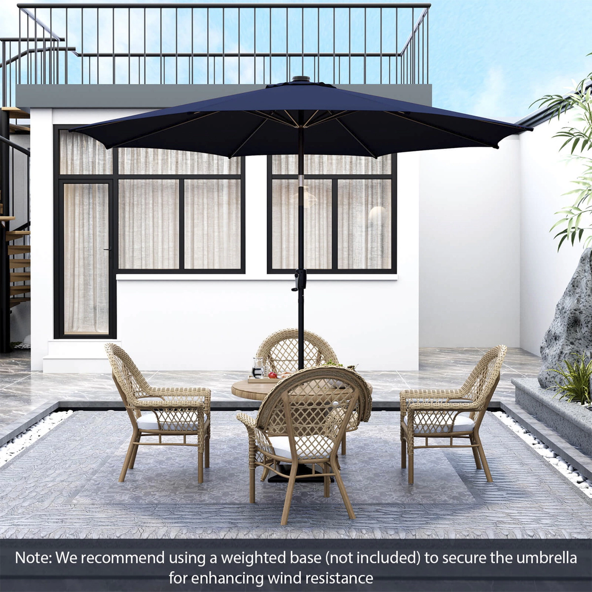 SUGIFT 10-Ft Solar Lighted Patio Umbrella with 112 LED Lights Crank Handle and Tilt 10 x 8.5 in Canopy Navy
