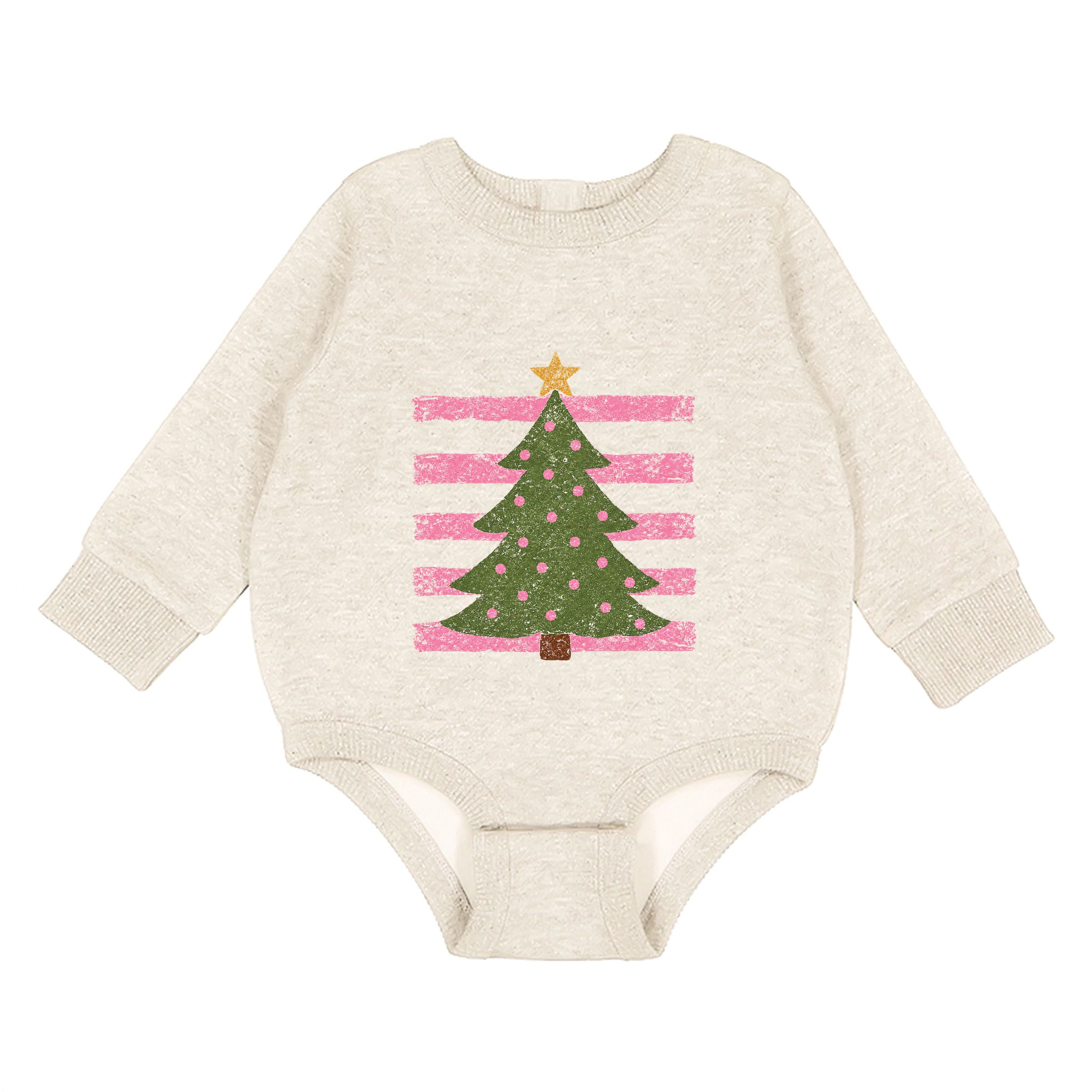 The Juniper Shop - Infant Fleece BodySuit Christmas Tree Pink Stripes