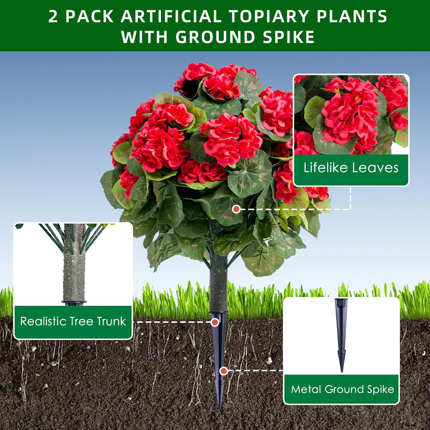 Artificial Topiary Trees, 2 Pack, Red Silk Flower, 1.80 x 1.15 ft