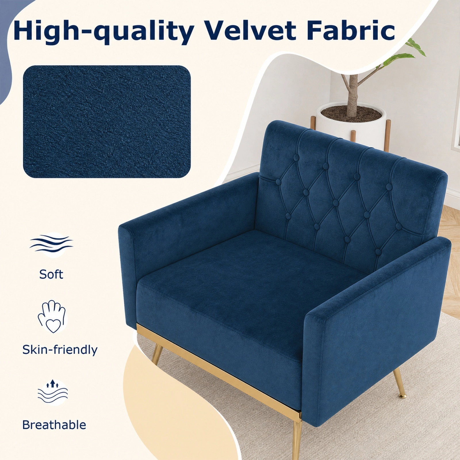Modern Blue Velvet Accent Chair with Button-Tufted Back and Metal Legs