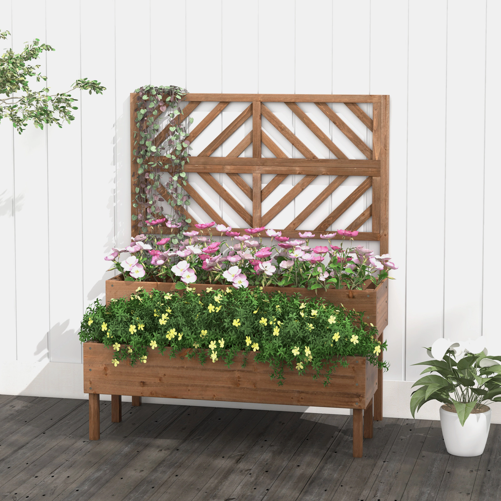 SUGIFT 2-Tier Brown Wood Raised Garden Bed with Climbing Trellis 43-in W 24.5-in D 53-in H 110-lb Per Box