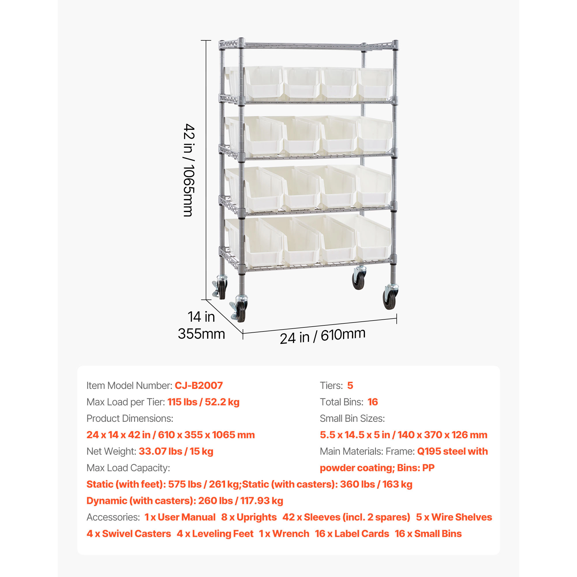 Flynama 5-Tier Rolling Bin Storage Rack with 16 Bins and Wheels, Mobile Steel Organizer for Garage, Warehouse and Office