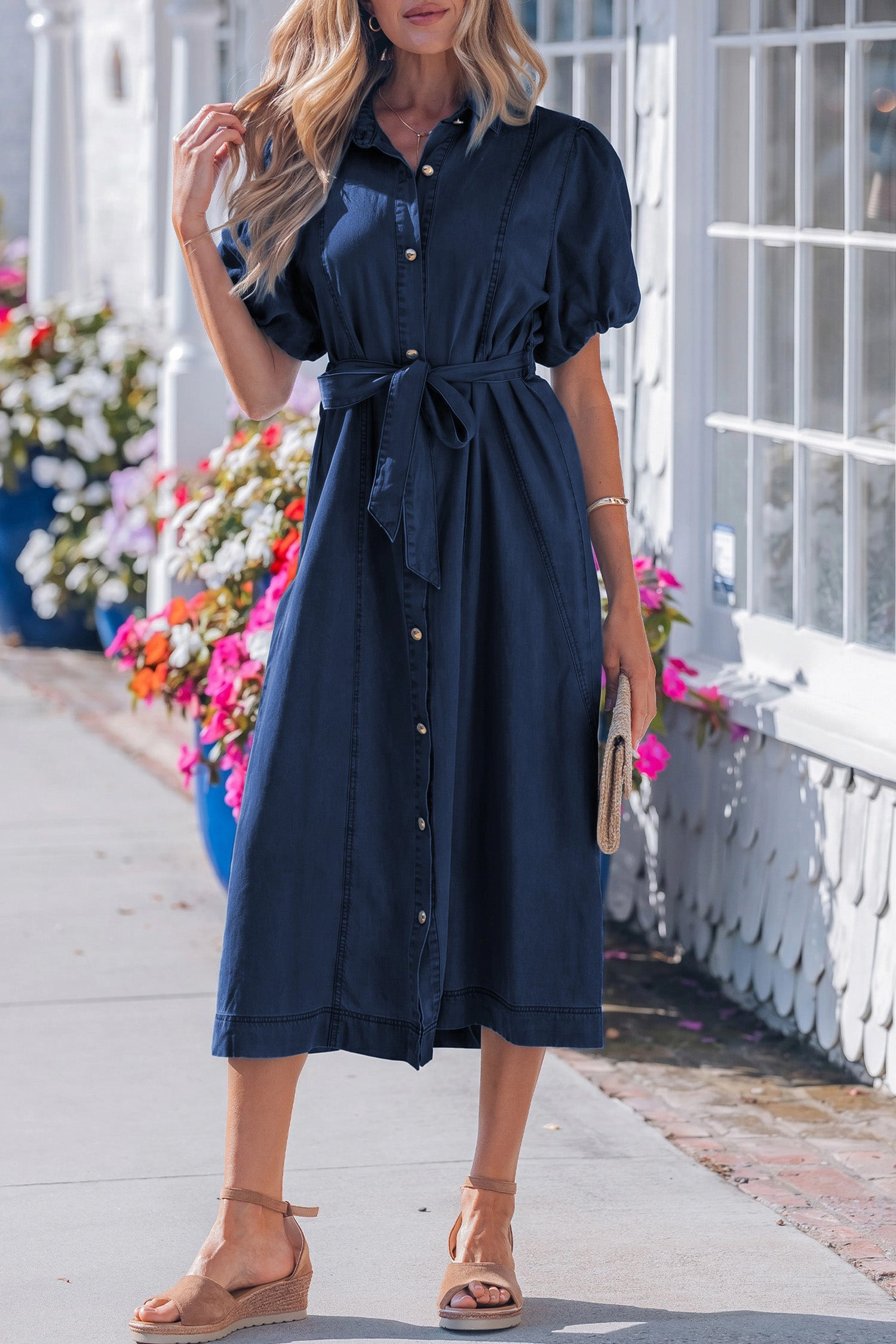 Threaded Pear Womens Makayla Bubble Sleeve Button-Down Midi Dress, Sail Blue