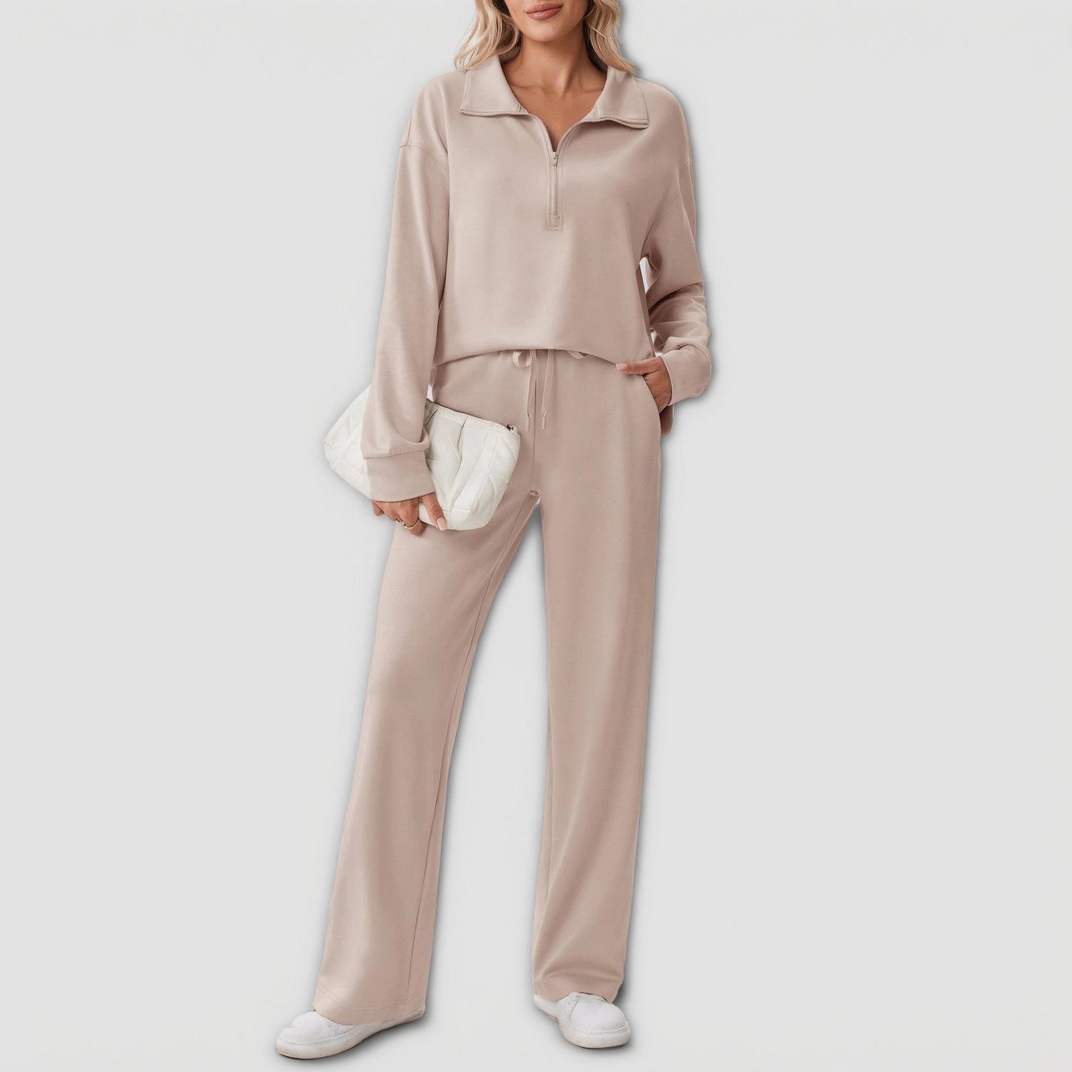 Pinspark Womens Half Zip Collared Long Sleeve Top Wide Leg Pants 2 Piece Casual Sets