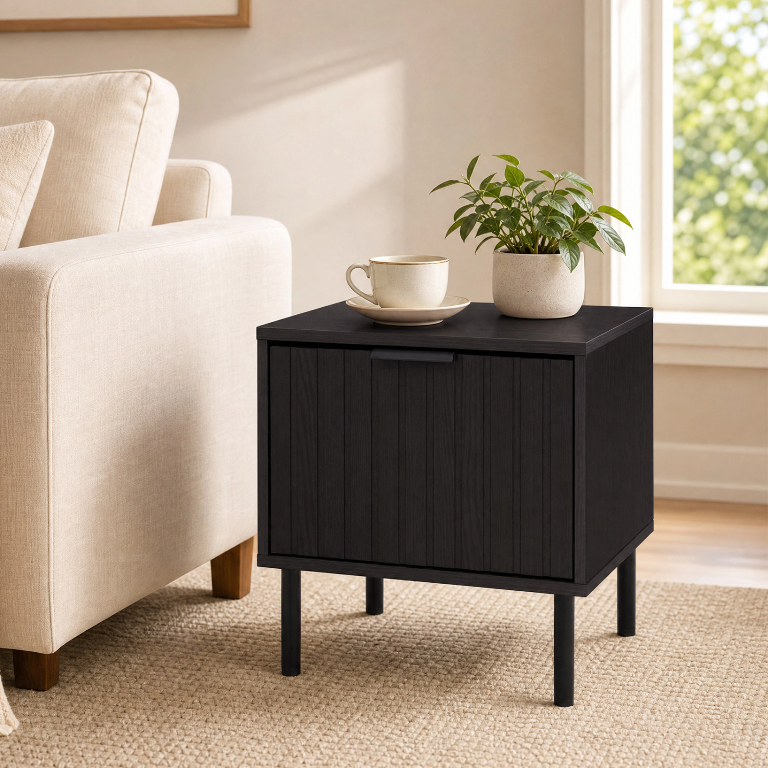 LJG Set of 2 Black Modern Nightstand with Vertical-Striped Storage Drawer