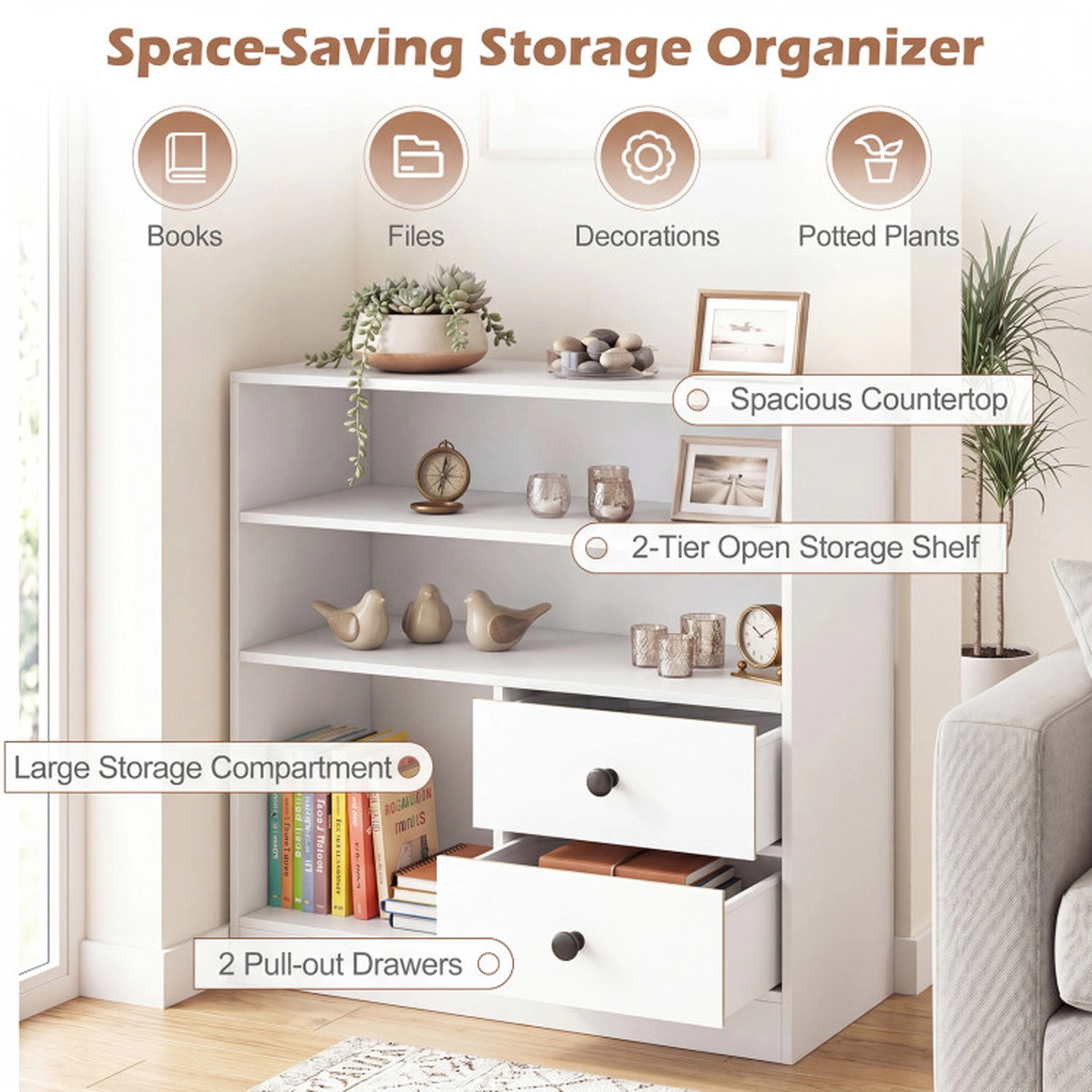 SUGIFT Open Storage Cabinet with 3 Open Compartments and 2 Drawers Accent Table 44-lb Countertop Capacity White Black