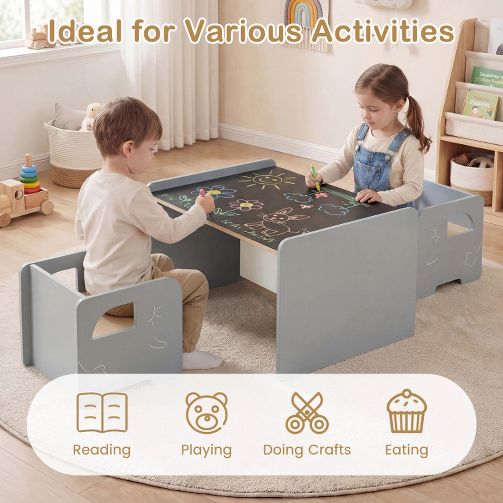 SUGIFT 3 Pieces Kids Table and Chair Set with Chalkboard Top 66-lb Tabletop 110-lb Chairs Ages 3+ White/Gray